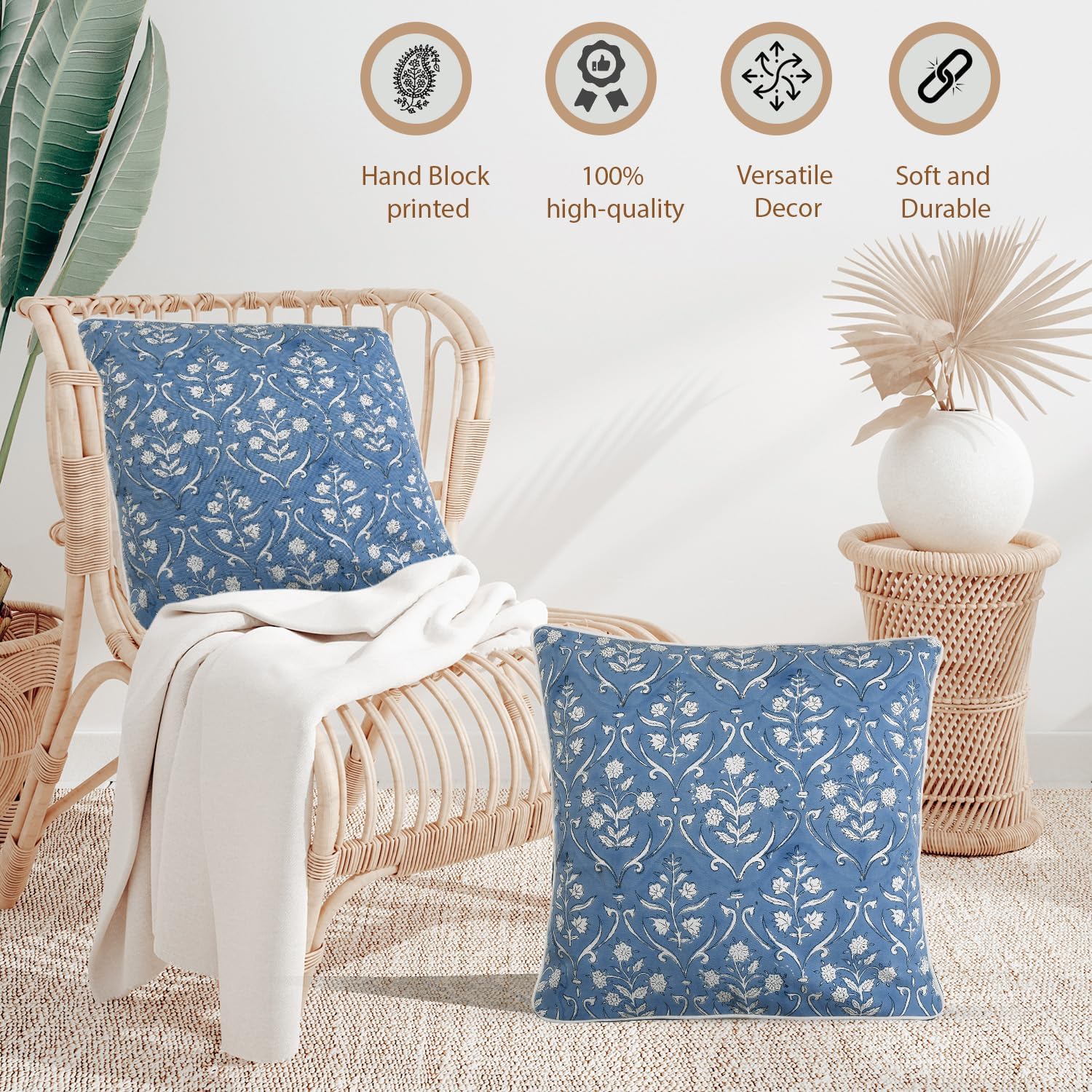 Ridhi Block Print Cornflower Blue Pillow Cover 24" x 24" (Pack of 2) Decorative Couch Pillows for Living Room, Chic Boho Cute Outdoor Pillo…