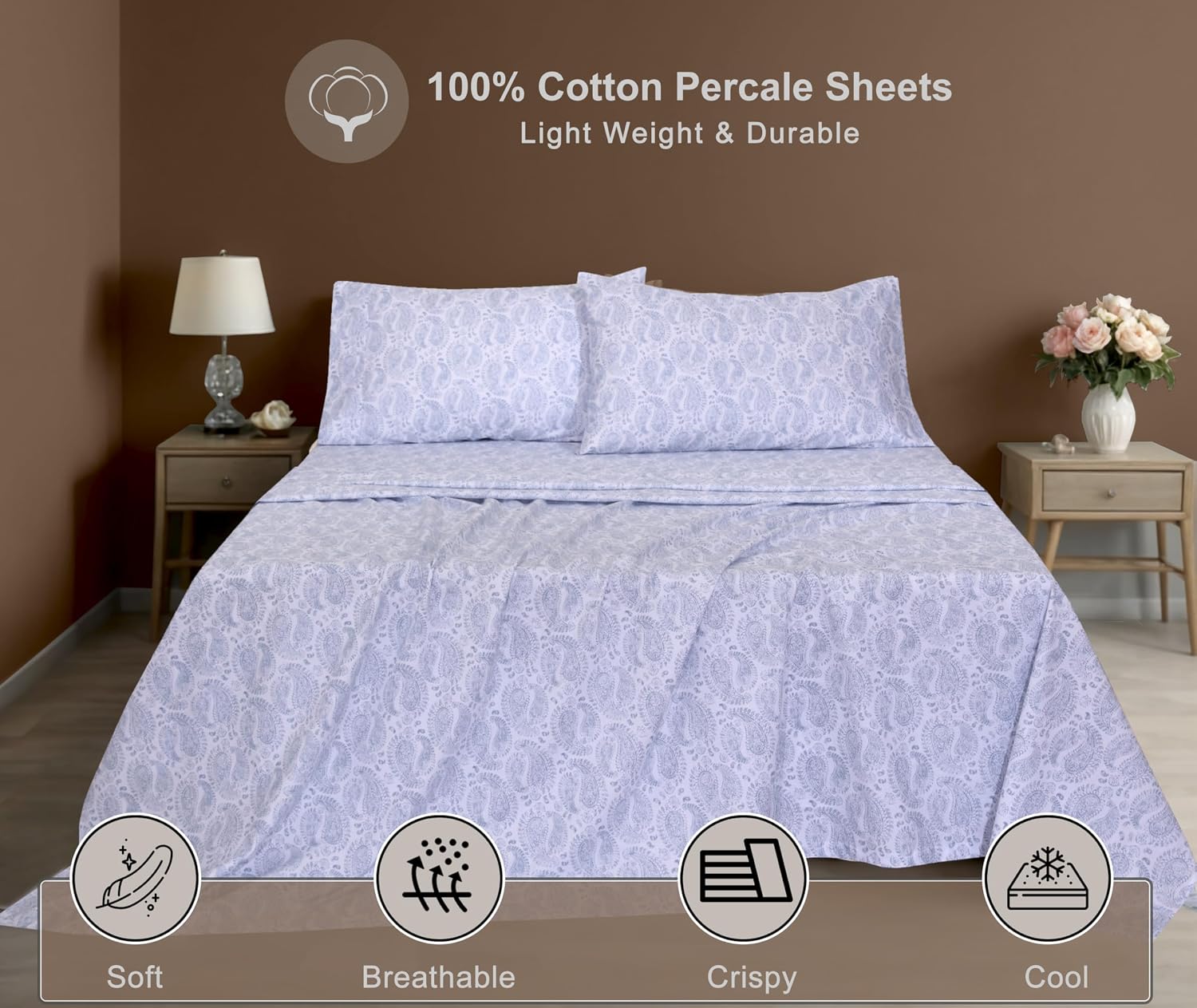 Zoyer 100% Cotton Sheets – King Size Percale Bedding, Cooling & Breathable, Durable with a Crisp, Soft & Comfortable Feel, 16" Deep Pocket,…