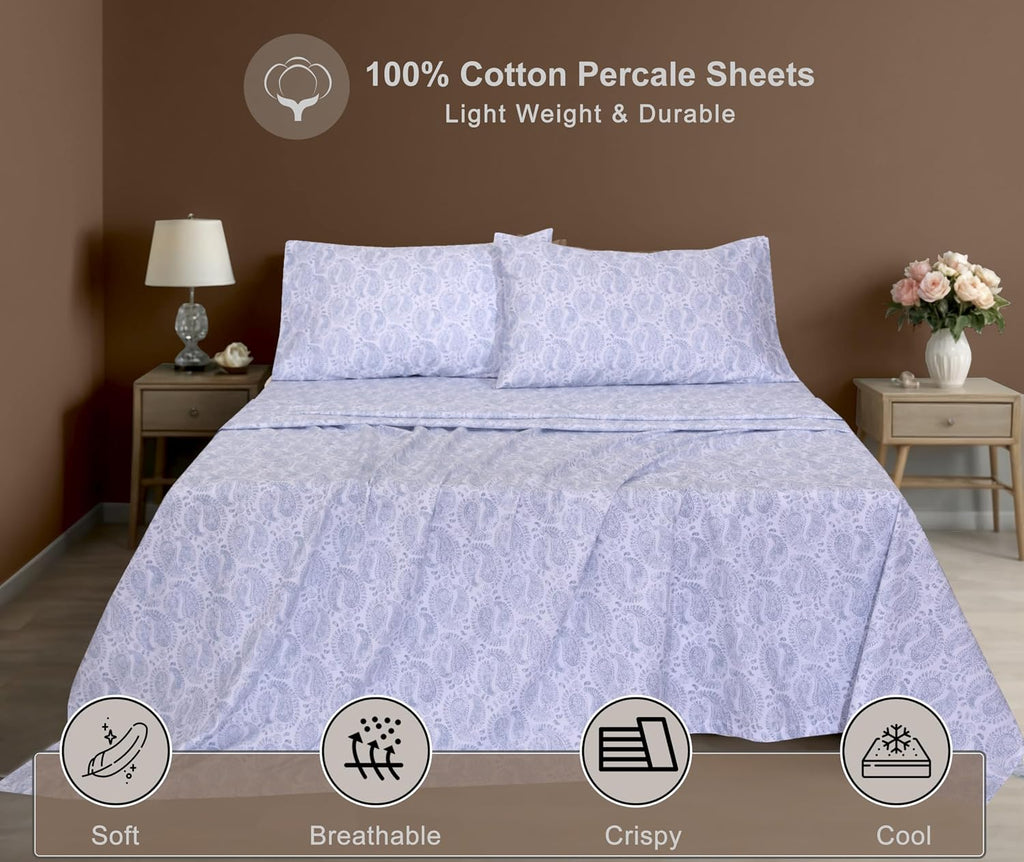 Zoyer 100% Cotton Percale Sheets Queen – Cooling Breathable Bed Sheets for Hot Sleepers, Crisp Hotel Style Bedding, Deep Pocket 16”, Lightw…