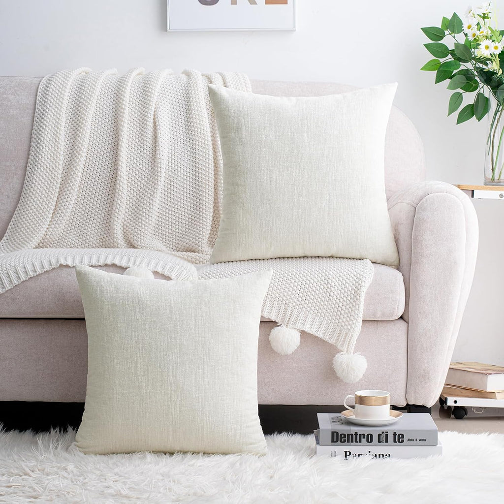 Hwy50 HWY 50 Cream White Couch Pillow Covers 22x22 Inch Pack of 2, Soft Chenille Decorative Throw Pillow Cases Farmhouse for Sofa Living Ro…