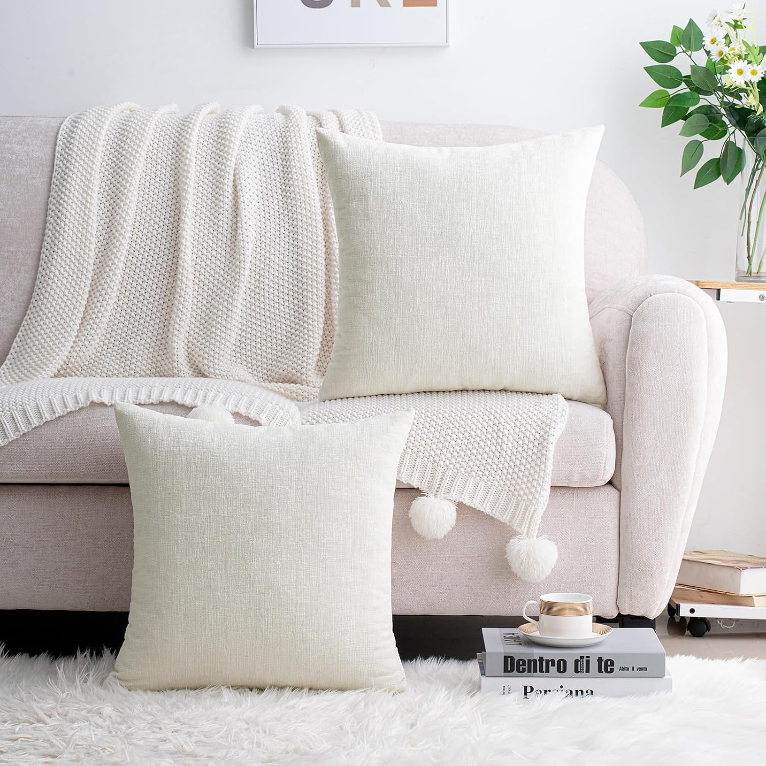 Hwy50 HWY 50 Cream White Couch Pillow Covers 16x16 Inch Pack of 2, Soft Chenille Decorative Throw Pillow Cases Farmhouse for Sofa Living Ro…