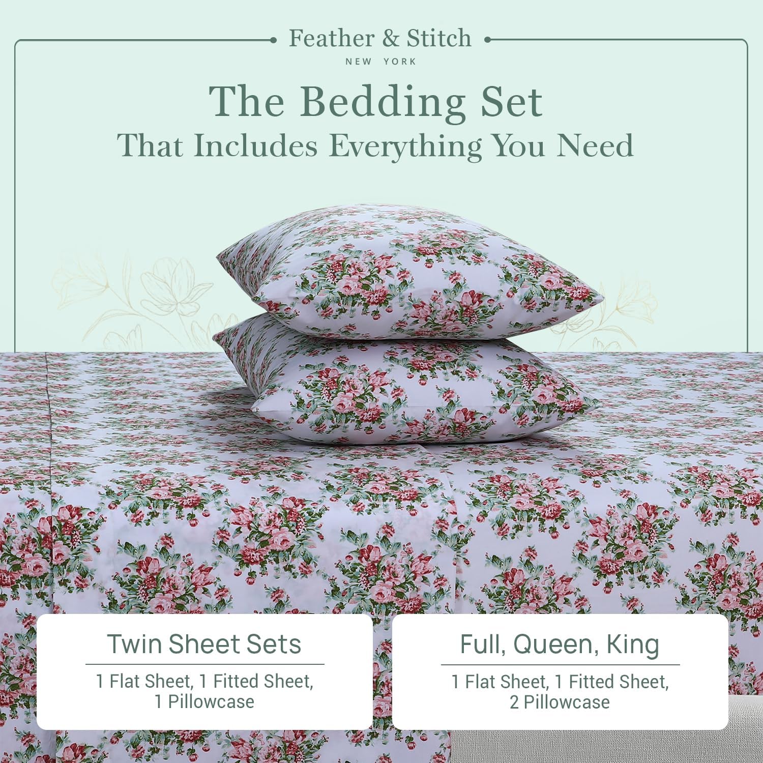 Featherstitchnewyork Feather & Stitch Softest 100% Cotton Sheets, 300 Thread Count Percale Weave Bedding, 16" Deep Pocket, Cooling Sheets,…