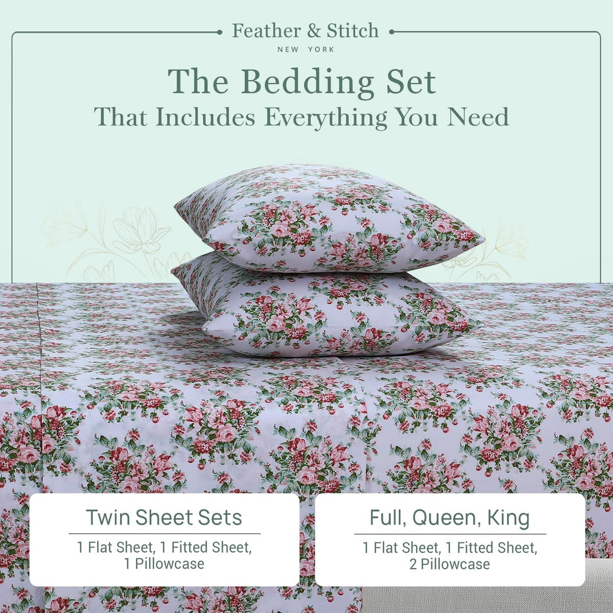 Featherstitchnewyork Feather & Stitch Softest 100% Cotton Sheets, 300 Thread Count Percale Weave Bedding, 16" Deep Pocket, Cooling Sheets,…