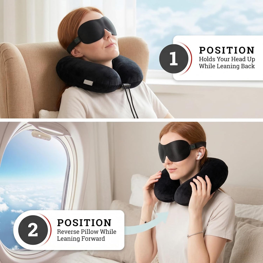 Aeris Memory Foam Travel Pillow for Airplanes - Adjustable Neck Pillow for Long Flights - Carry Bag, Ear Plugs and Eye Mask Included…