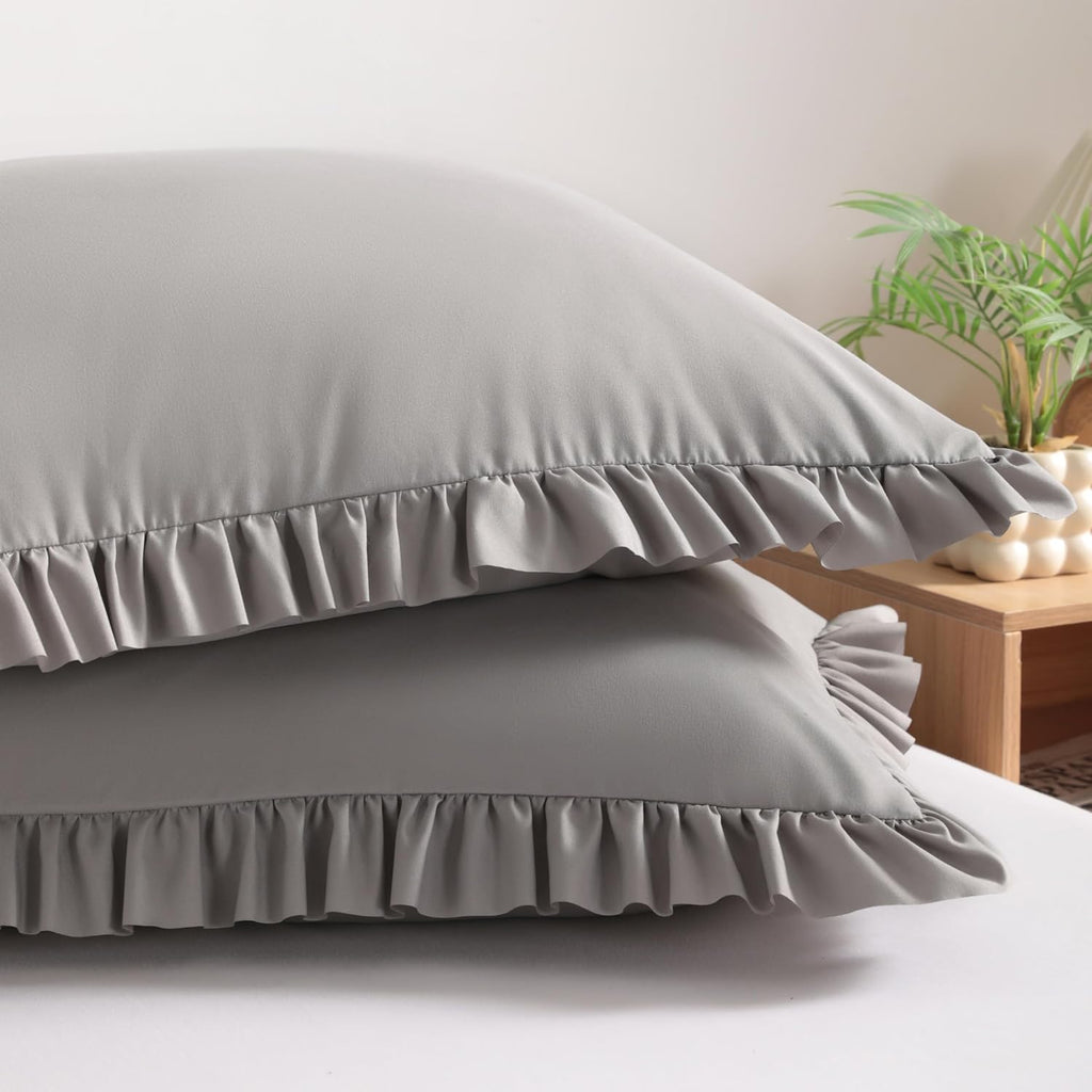 Bedsum Ruffled Pillow Shams Queen 20x30 Set of 2, Brushed Microfiber Pillowcases with Envelope Closure, Soft Wrinkle-Resistant, Smoke Grey…