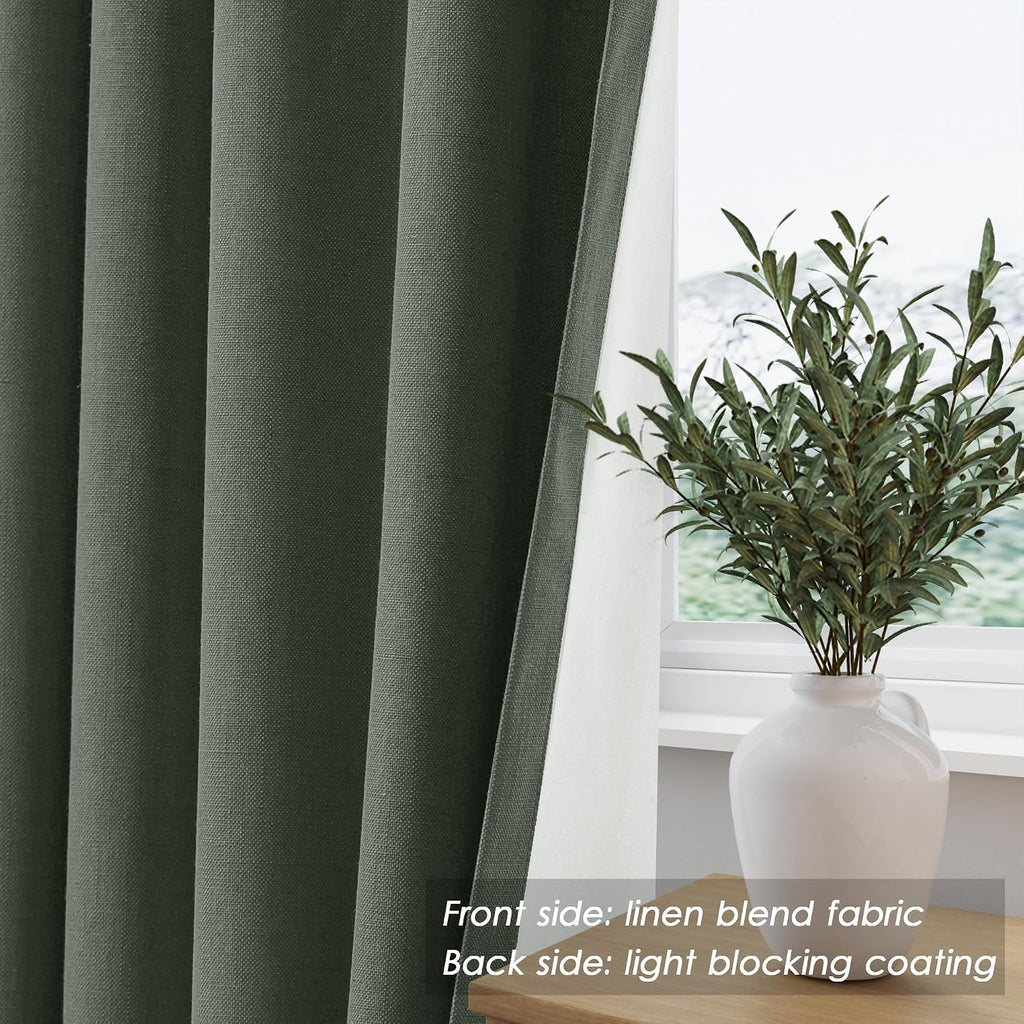 Nanspring Olive Green 100% Blackout Linen Curtains 96 Inches Long for Bedroom Back Tab Thermal Insulated Modern Farmhouse Decor Curtain for…