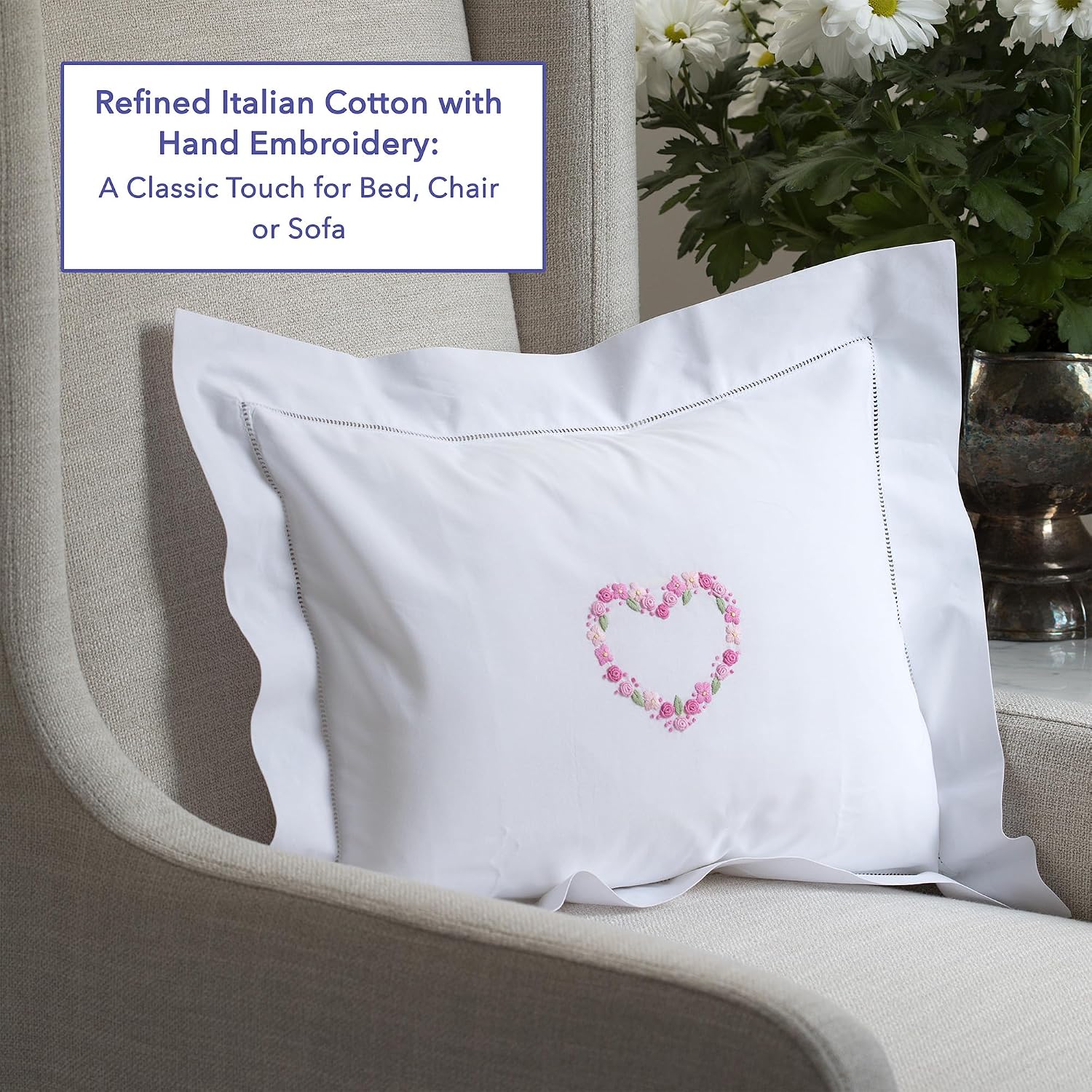 JacarandaLiving Jacaranda Living Embroidered Boudoir Pillow Cover – Handcrafted Embroidery, Fine Italian Cotton, 12" x 16" Decorative Pillo…