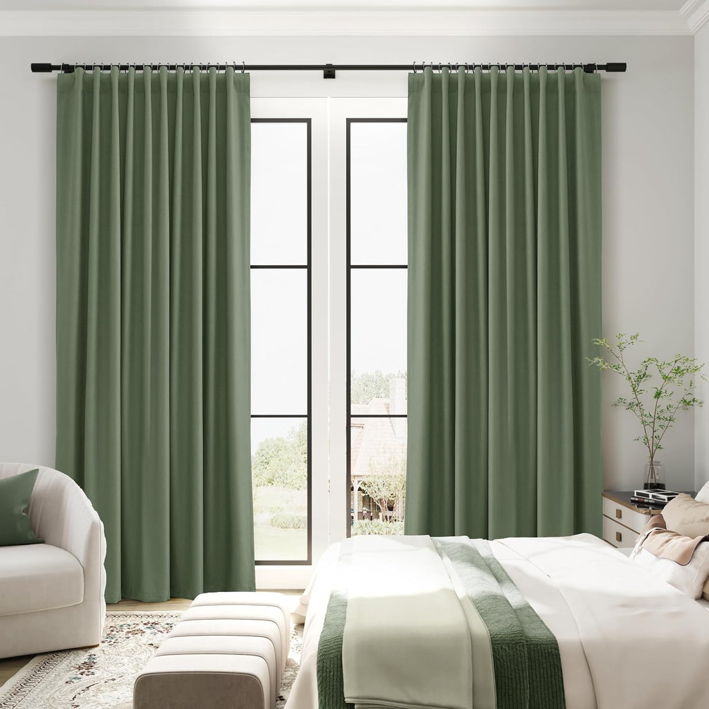 Guken Olive Green Linen 100% Blackout Curtains 72 Inches Long Back Tab Funky Textured Room Darkening Heat Blockingr Noise Reduction Curtain…
