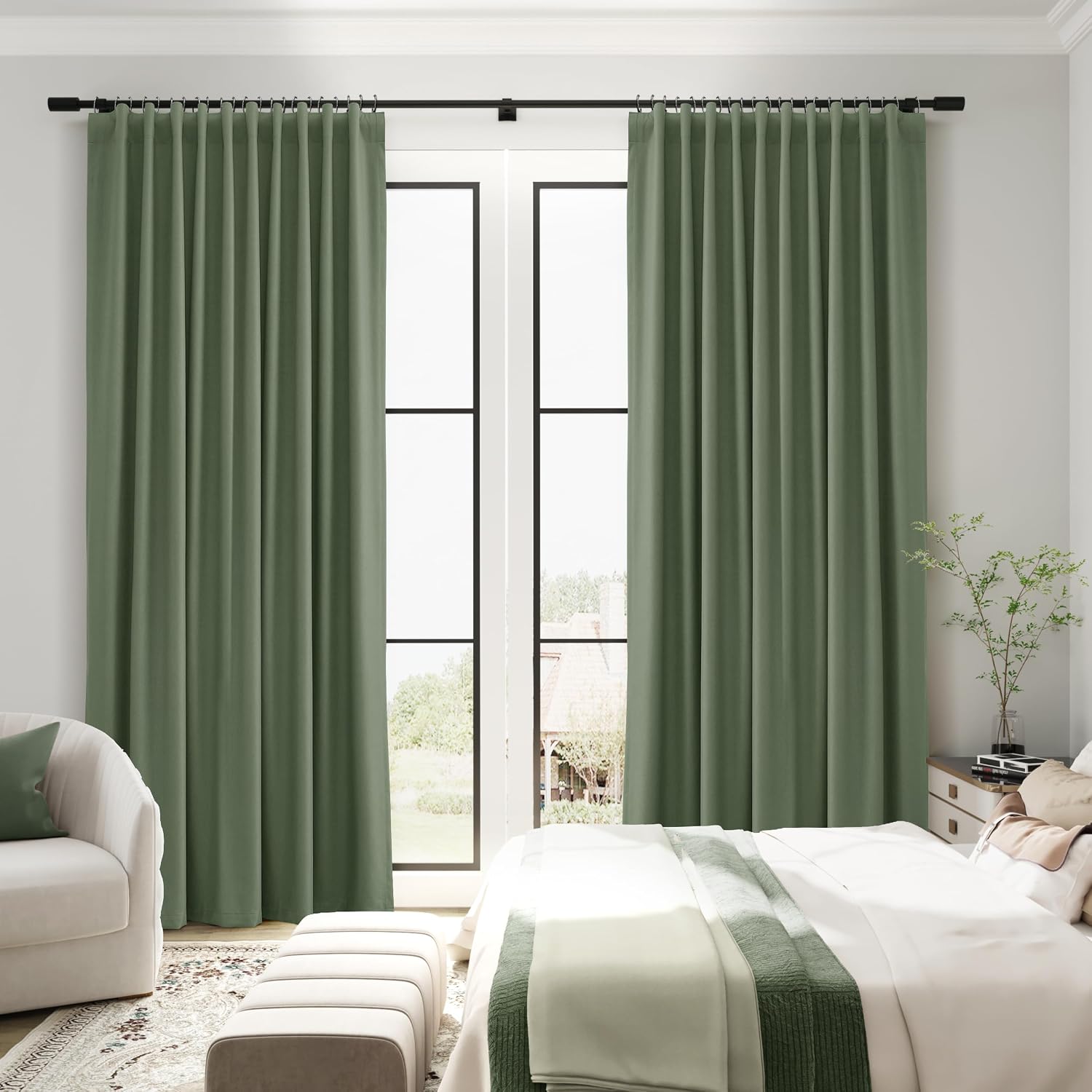 Guken Olive Green Linen 100% Blackout Curtains 63 Inch Length Back Tab Elegant Home Decor Room Darkening Black Out Insulated Door Privacy C…