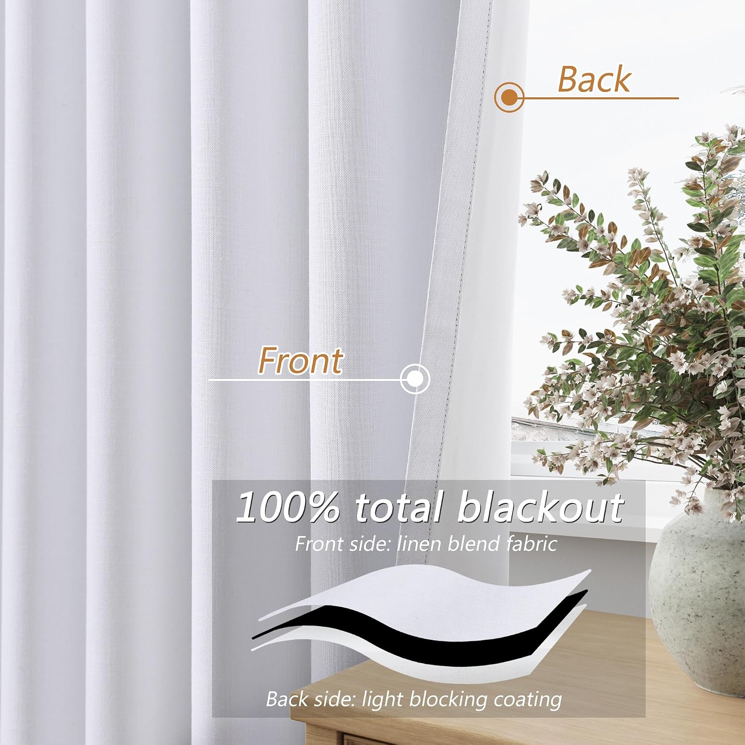 Guken White 100% Blackout Linen Curtains 144 Inch Length 2 Panels Set for Living Room Bedroom Back Tab Thermal Insulated Black Out Drapes R…