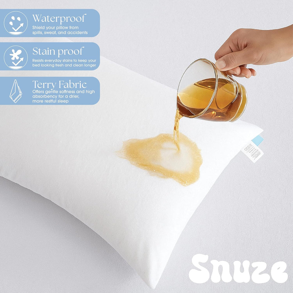 Snuze Snuze Terry Pillow Protector 2-Pack Standard/Queen Size (20” x 28”) Waterproof, Zippered, Machine Washable, Hypoallergenic Cov…