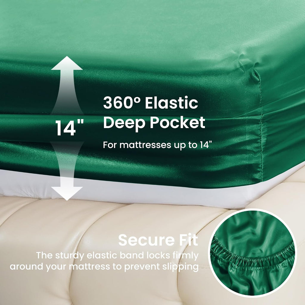 Lovescabin Love's cabin 4Piece California King Satin Bed Linen Set, Dark Green Silky Satin Sheets, Deep Pocket, Luxury Silk Feel, 1 Flat, 1…