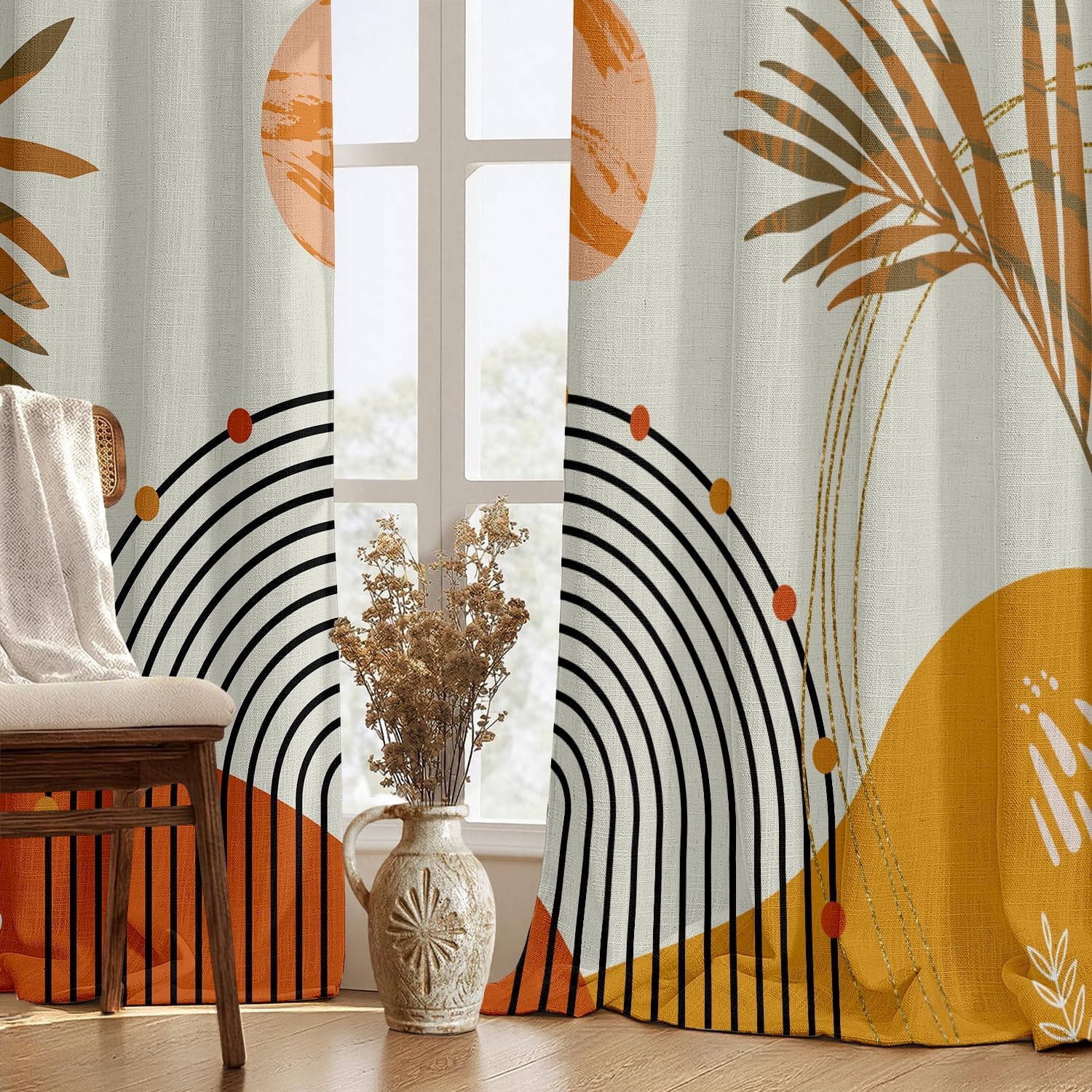 Mid Century Boho Blackout Curtains for Bedroom 84 Inches Long, Full Room Darkening Grommet Linen Curtains for Living Room, Thermal…