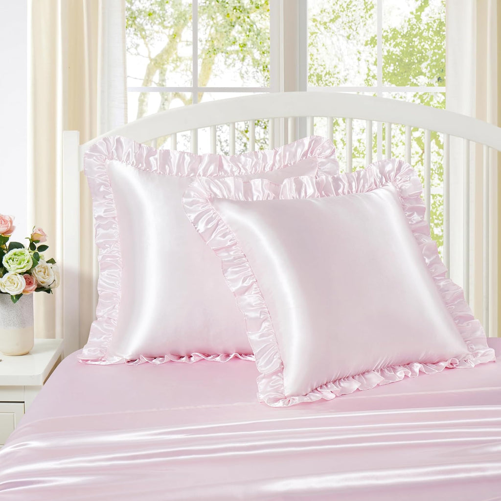 Homiest Ruffle Euro Sham Covers 26x26 Inch Set of 2, Blush Pink Satin Pillow Shams with 3 Inch Wide Decorative Ruffled, European Square…