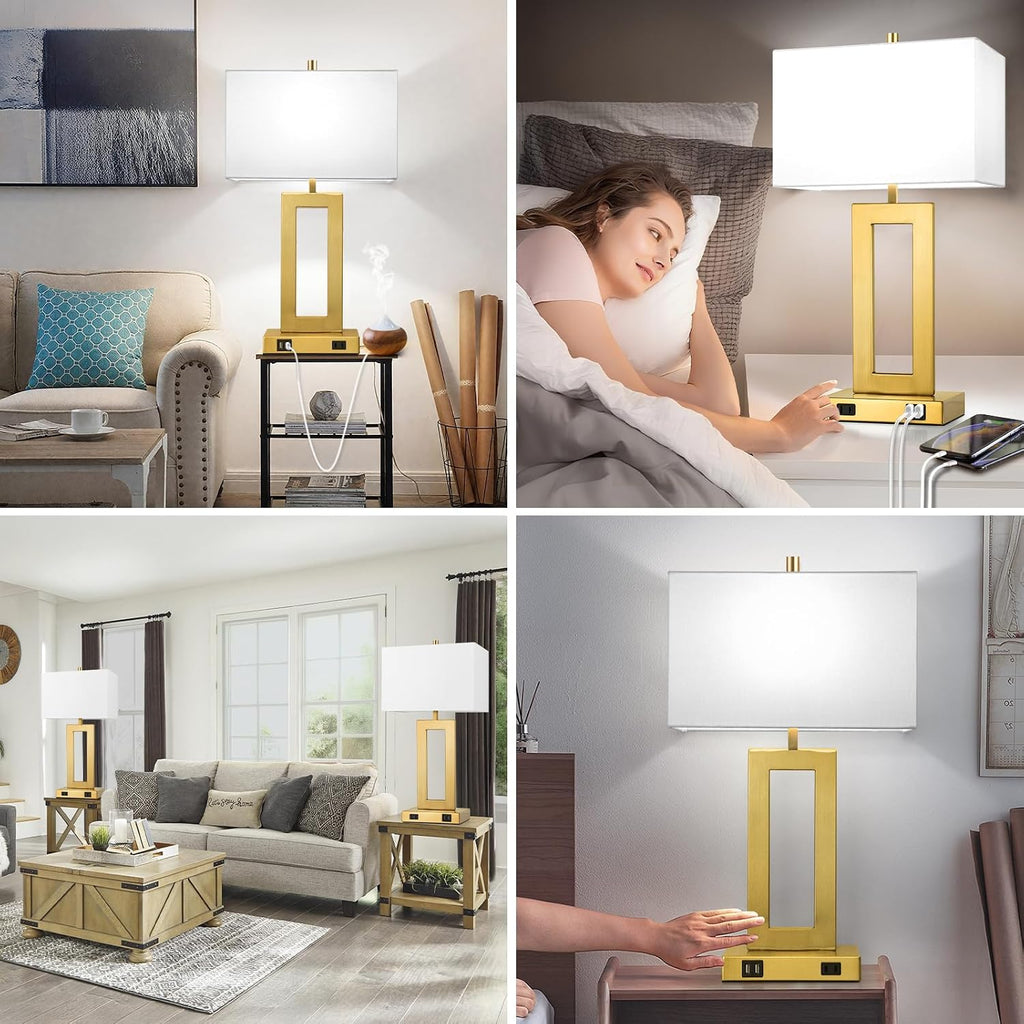 Tobusa Modern Vintage Gold Table Lamp Set of 2, 28inch Tall Lamps for Living Room Bedroom with 2 USB Ports&AC Outlet, 3 Way Dimmable Touch…