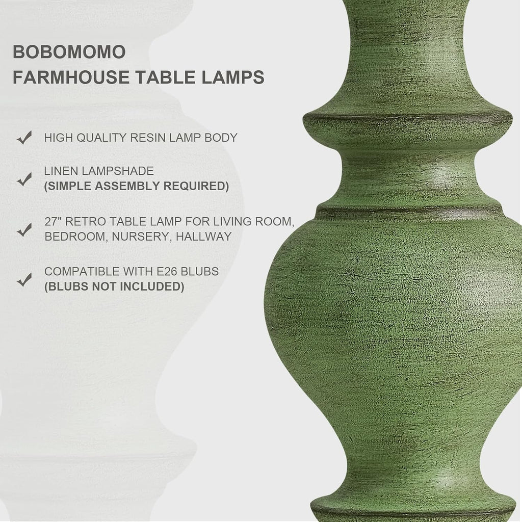 BOBOMOMO 27" Sage Green Table Lamps Set of 2, Large Farmhouse Resin Lamps with Linen Shades, Green Vintage Lamps for Living Room…