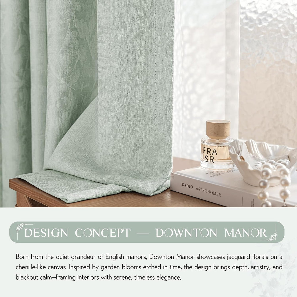 Beauoop Green Floral Jacquard Blackout Curtains 63 Inches Long 2 Panels for Bedroom Living Room Chenille Flower Room Darkening Thermal…