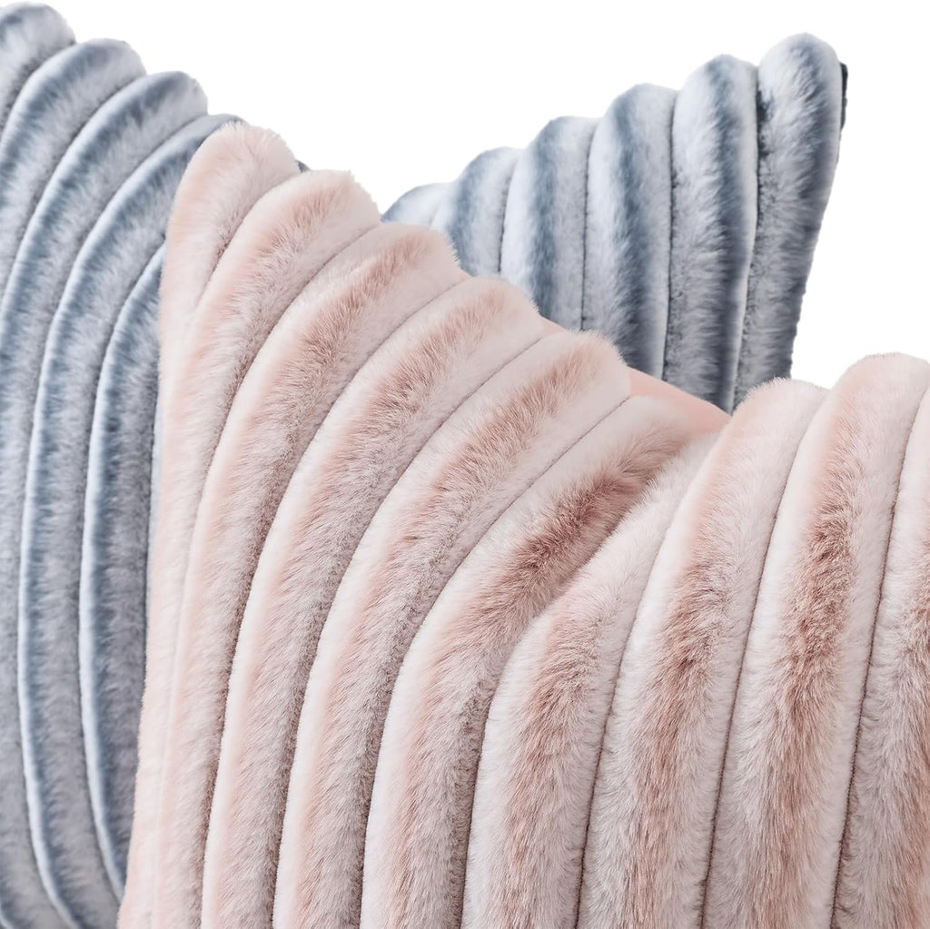 decorUhome Summer Cozy Faux Fur Throw Pillow Covers 20x20 Set of 2 Decorative Soft Plush Striped Modern Farmhouse Boho Couch Pillow Cases w…