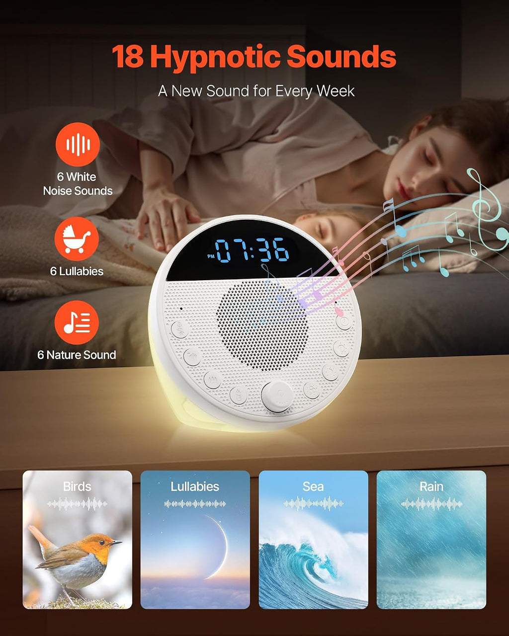 VEVOR Sound Machine, 18 Soothing Sleep Sounds, 7-Color Night Light, 6-in-1 White Noise Sound Machine with Dual Alarms, APP, Auto-Off…