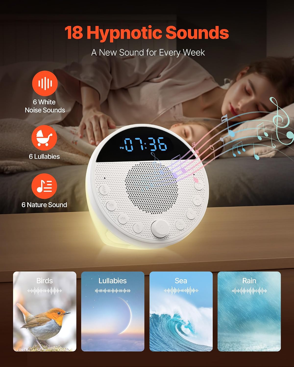 VEVOR Sound Machine, 18 Soothing Sleep Sounds, 7-Color Night Light, 6-in-1 White Noise Sound Machine with Dual Alarms, APP, Auto-Off…