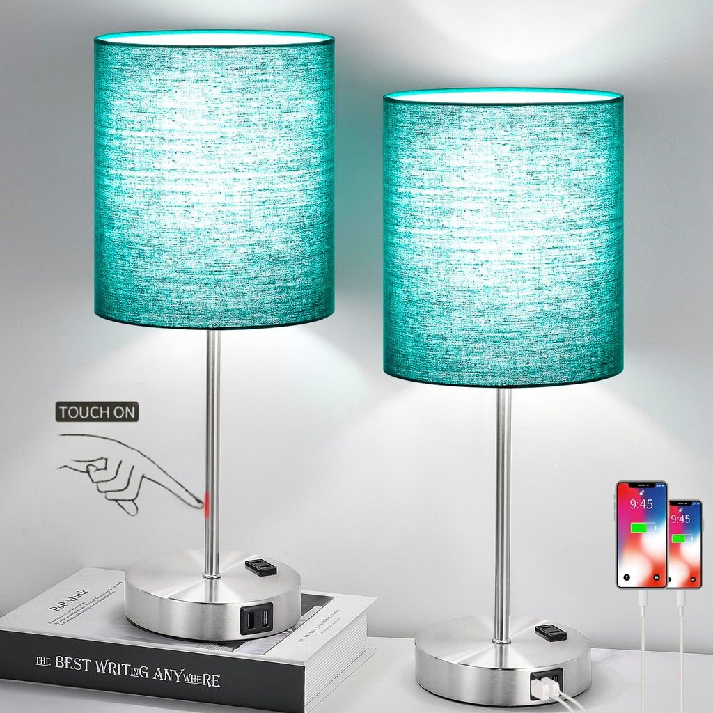 Lynnoland Green Touch Table Lamps Set of 2 with 2 USB & AC Outlet, 3-Way Dimmable Bedside Nightstand Lamps for Bedroom Lamps Living Room…