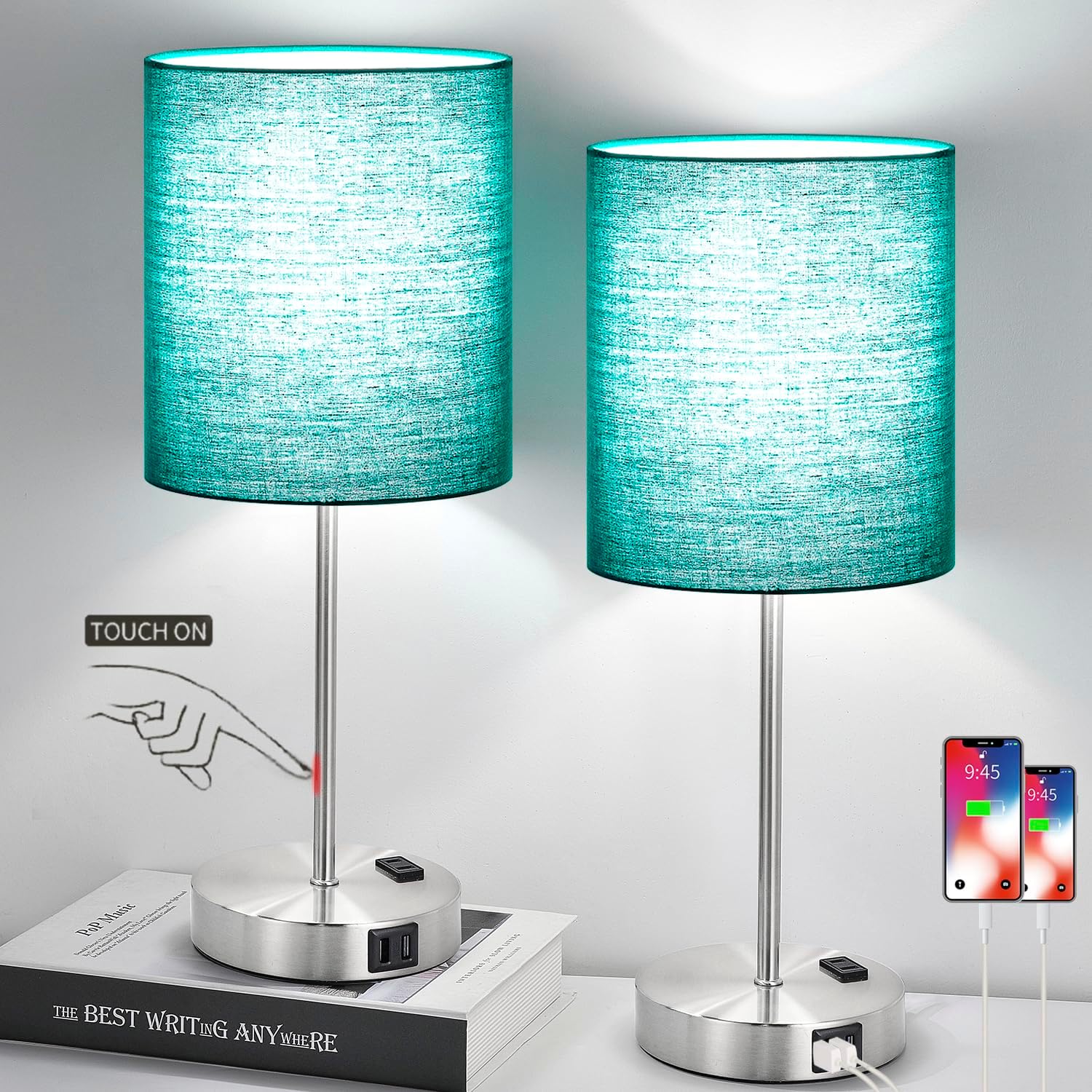 Lynnoland Green Touch Table Lamps Set of 2 with 2 USB & AC Outlet, 3-Way Dimmable Bedside Nightstand Lamps for Bedroom Lamps Living Room…
