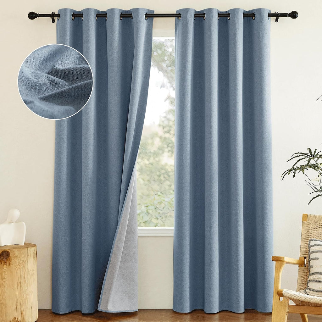 NICETOWN Stone Blue Full Shade Faux Linen Curtain Panels 84" Long, Pair of Energy Smart & Noise Blocking Out Blackout Drapes for Guest…