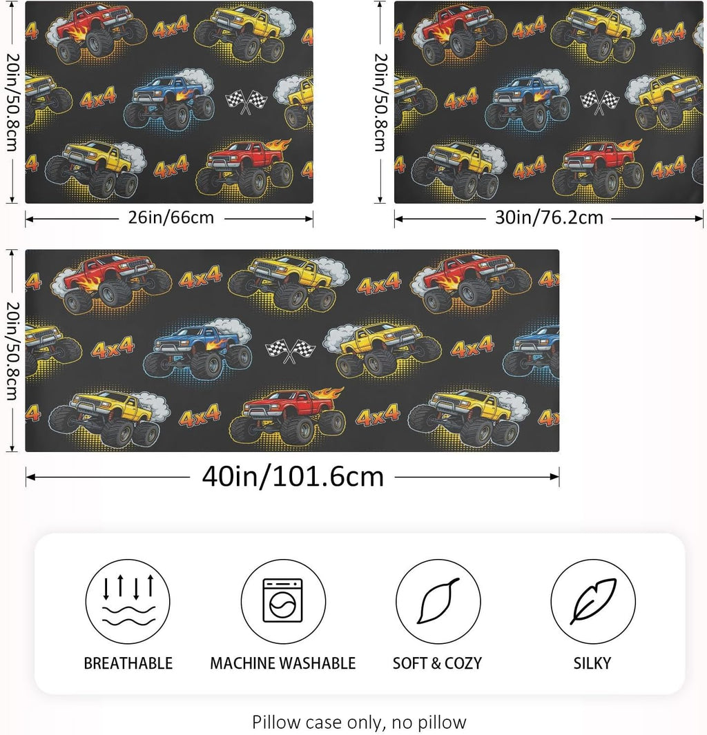 Monster Truck Fire Black Print Pillow Covers Silk Pillowcase for Hair and Skin Soft Breathable Smooth Cooling Satin Pillowcase Queen Size…