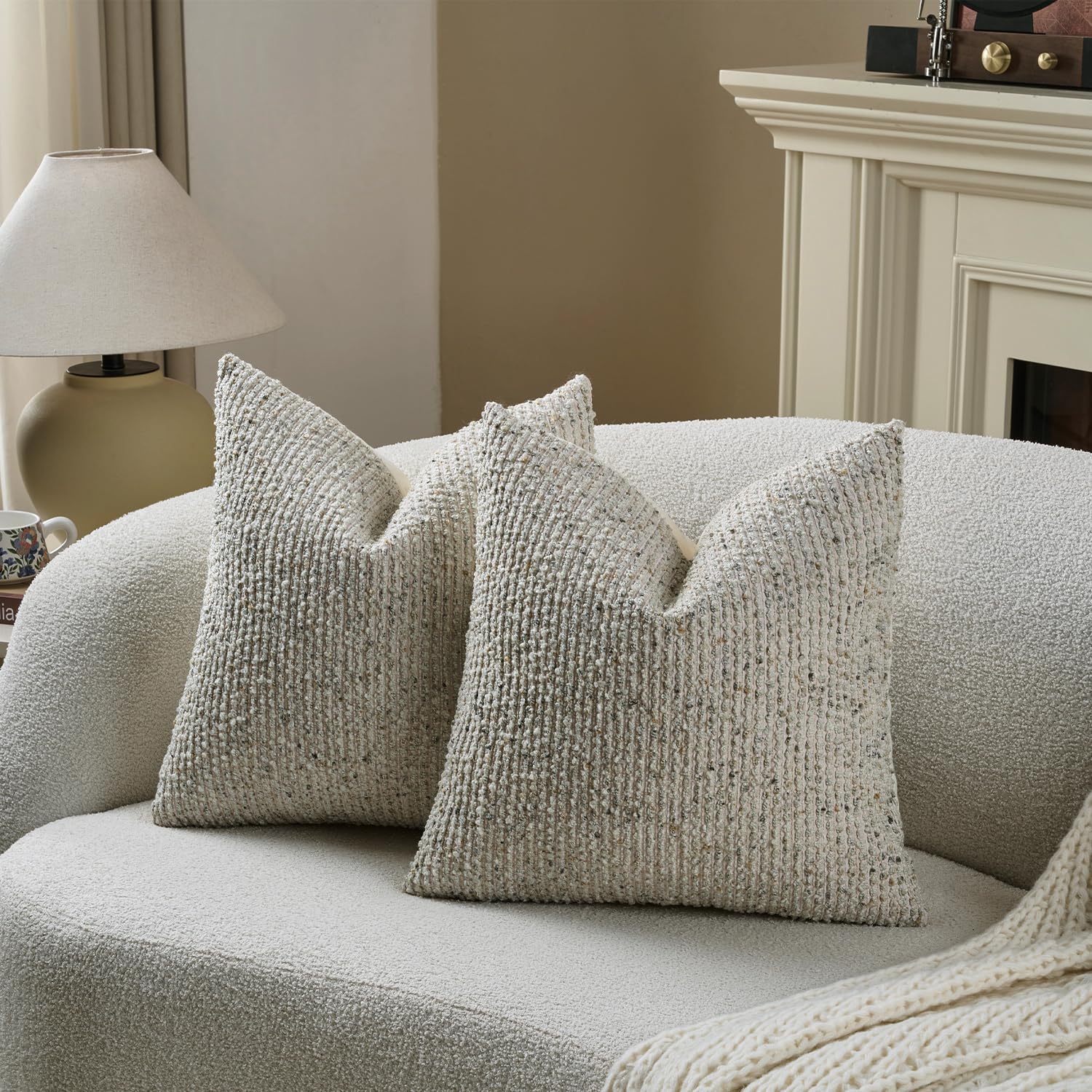 Dezene 22x22 Cream Grey Throw Pillow Cover Textured Boucle Striped Chic Morden Boho Accent Farmhouse Square Decorative Couch Pillow Cover f…