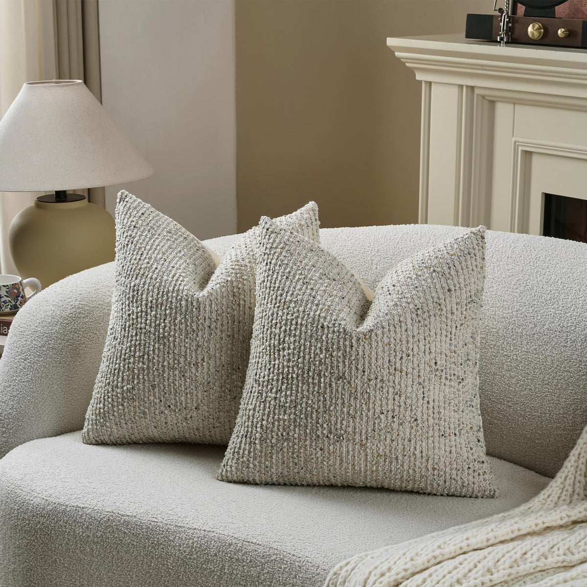 Dezene 20x20 Cream Grey Throw Pillow Cover Textured Boucle Striped Chic Morden Boho Accent Farmhouse Square Decorative Couch Pillow Cover f…