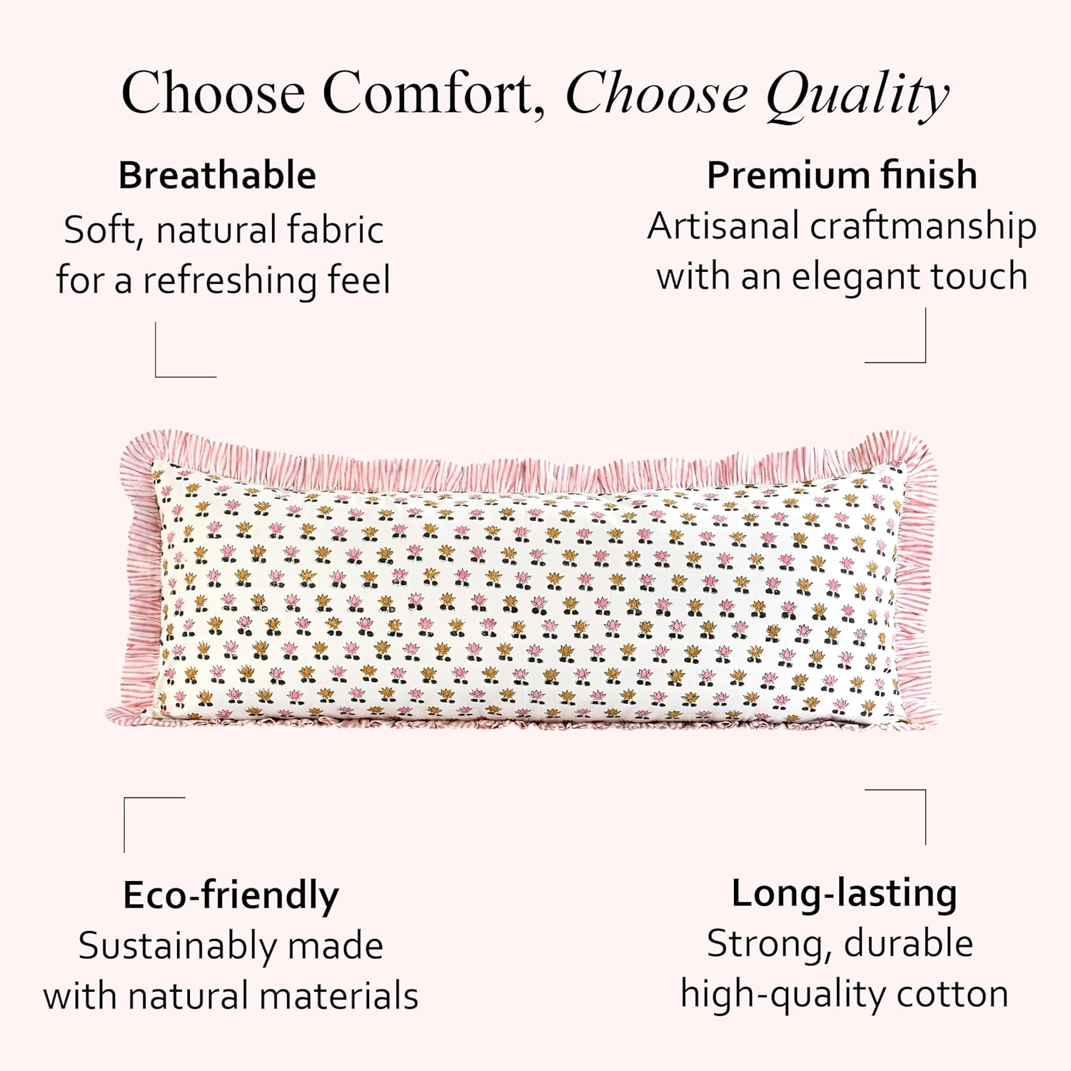 Cottonprintclub CPC Hand Block Print Rosette Bloom Ruffle Sham Pillow Cover 36" x 14" inch Hidden Zipper Decorative Pillowcase for Couch, B…