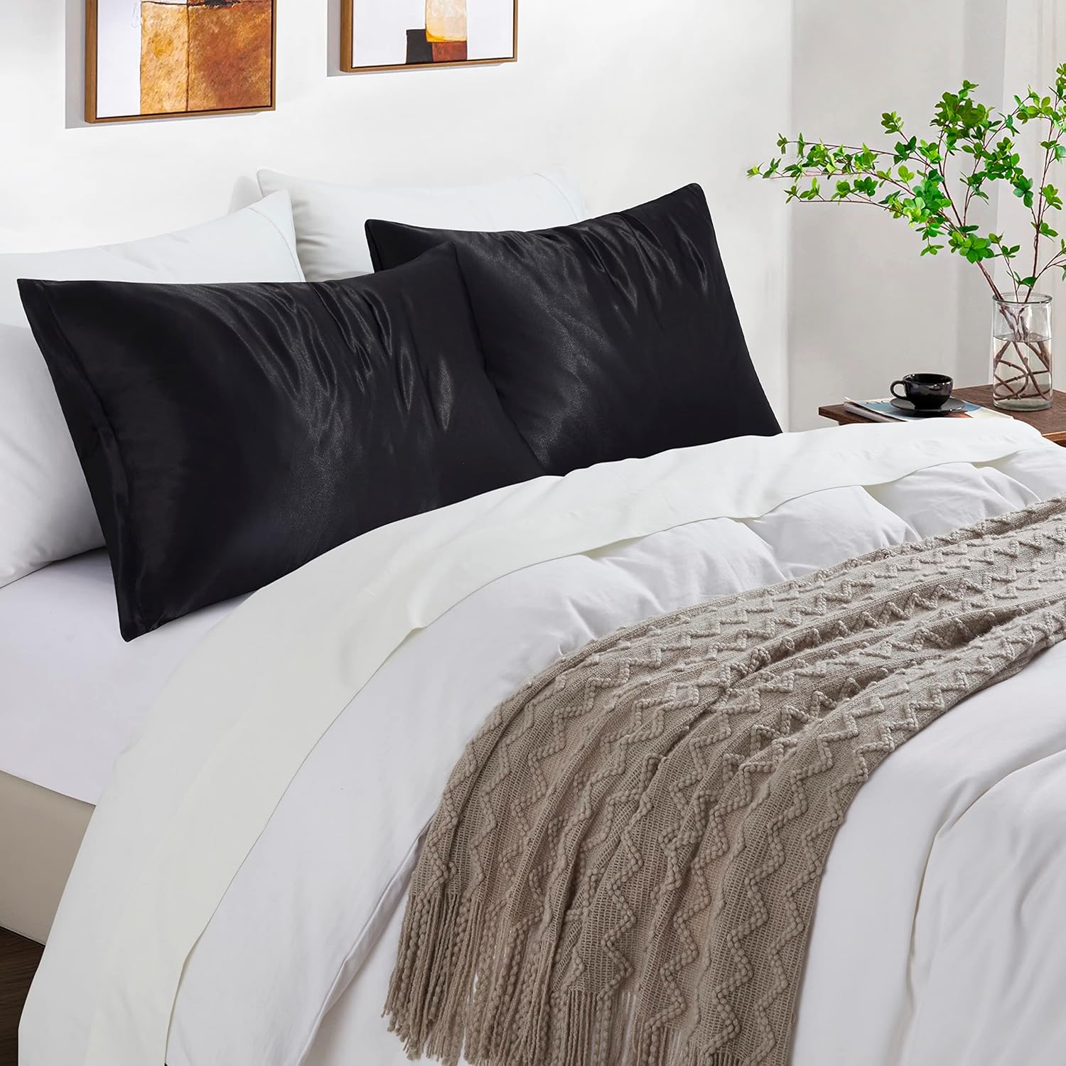 HommxJF Satin Pillowcases with Zipper (20x26), Standard Size Pillowcases Set of 2, Black Silk Pillowcase for Hair and Skin Black