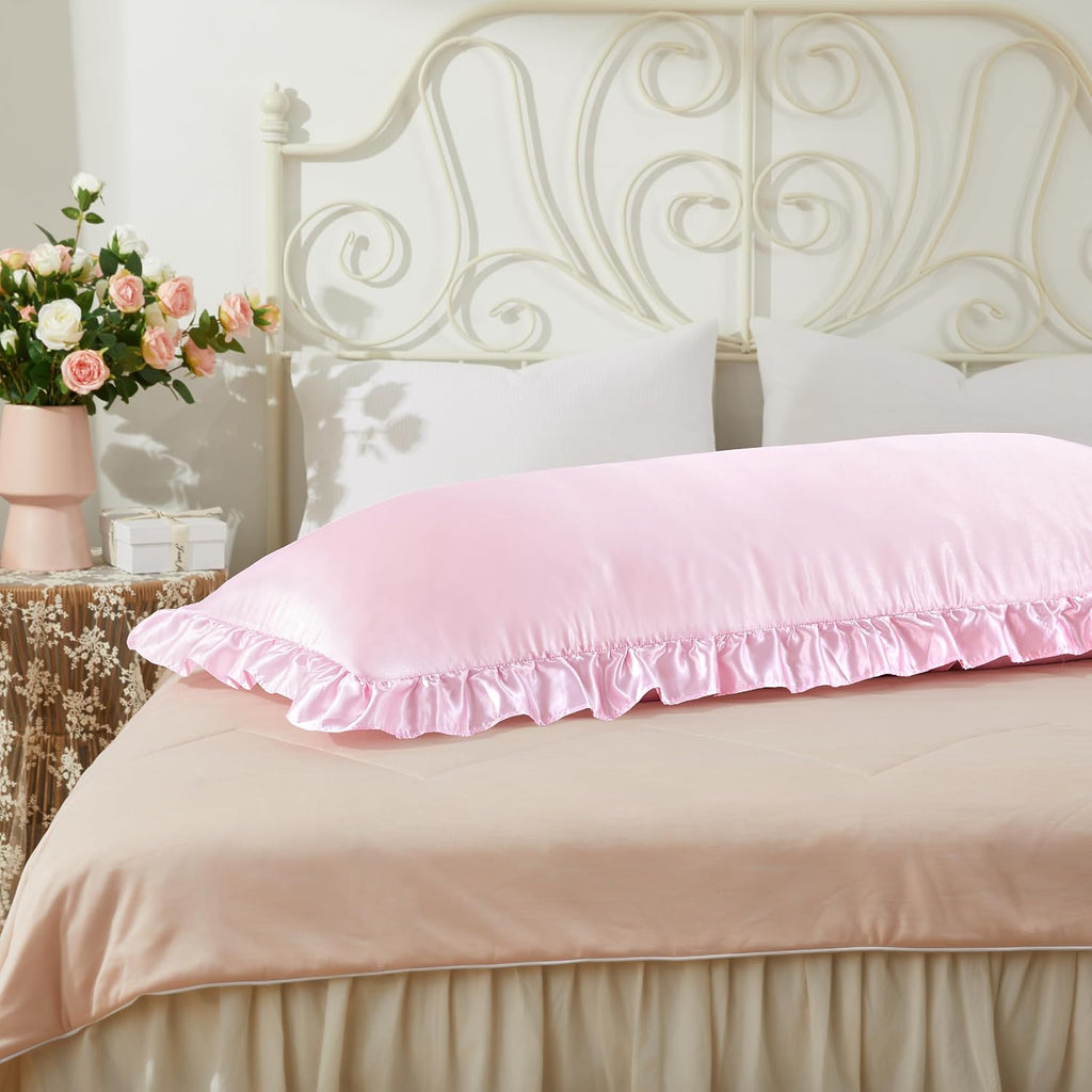 HommxJF Pink Satin Pillowcases Body Pillow for Hair and Skin, Pink Body Pillow Silk Pillowcase with Envelope Closure Princess Room Decoratio…