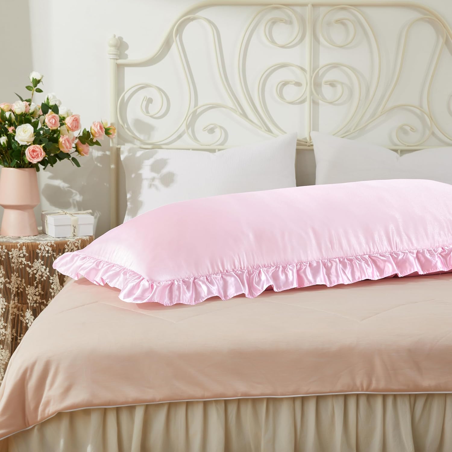 HommxJF Pink Satin Pillowcases Body Pillow for Hair and Skin, Pink Body Pillow Silk Pillowcase with Envelope Closure Princess Room Decoratio…