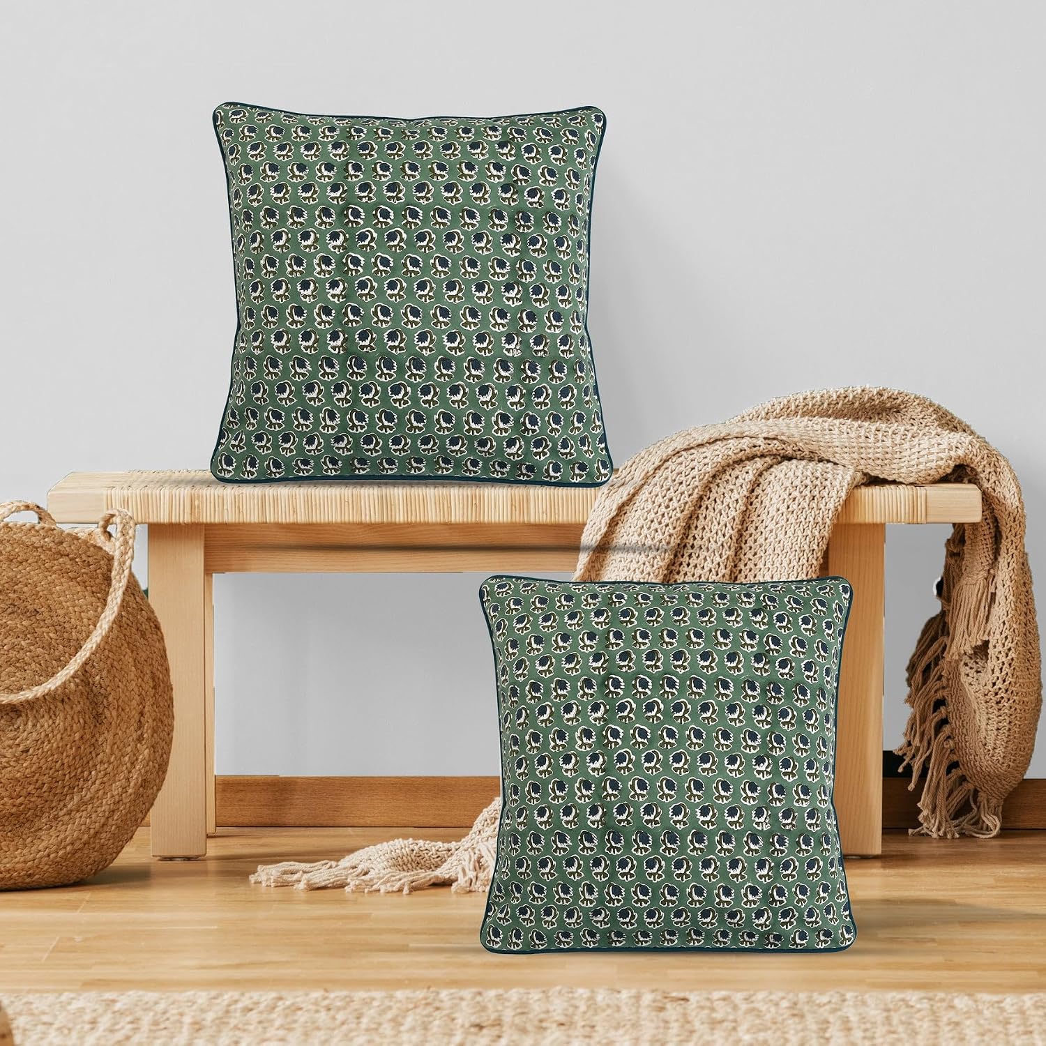 Ridhi Block Print Basil Green Pillow Cover 18" x 18" (Pack of 2) Decorative Couch Pillows for Living Room, Chic Boho Cute Outdoor Pillows C…
