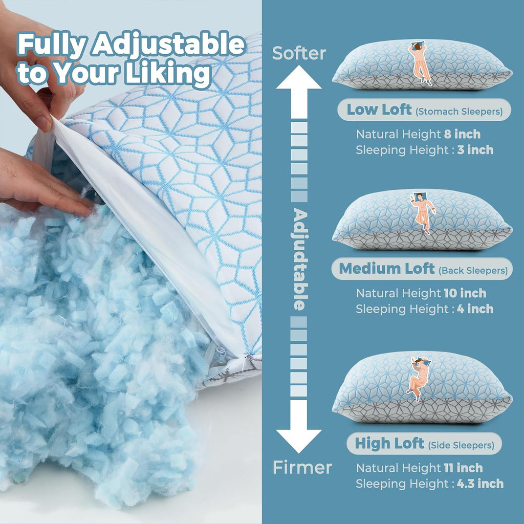 Wolki Queen Size Pillows Set of 2 Shredded Memory Foam Pillows 2 Pack, Adjustable Cooling Pillow for Side Sleepers, Back, Stomach, Hot Slee…