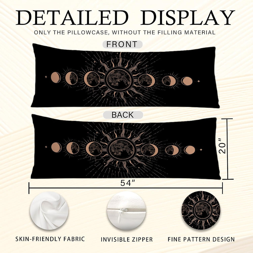 Mystical Boho Moon Phases Body Pillow Covers 20x54, Witchy Celestial Sun and Moon Astrology Long Body Pillow Case Cover with Hidden…