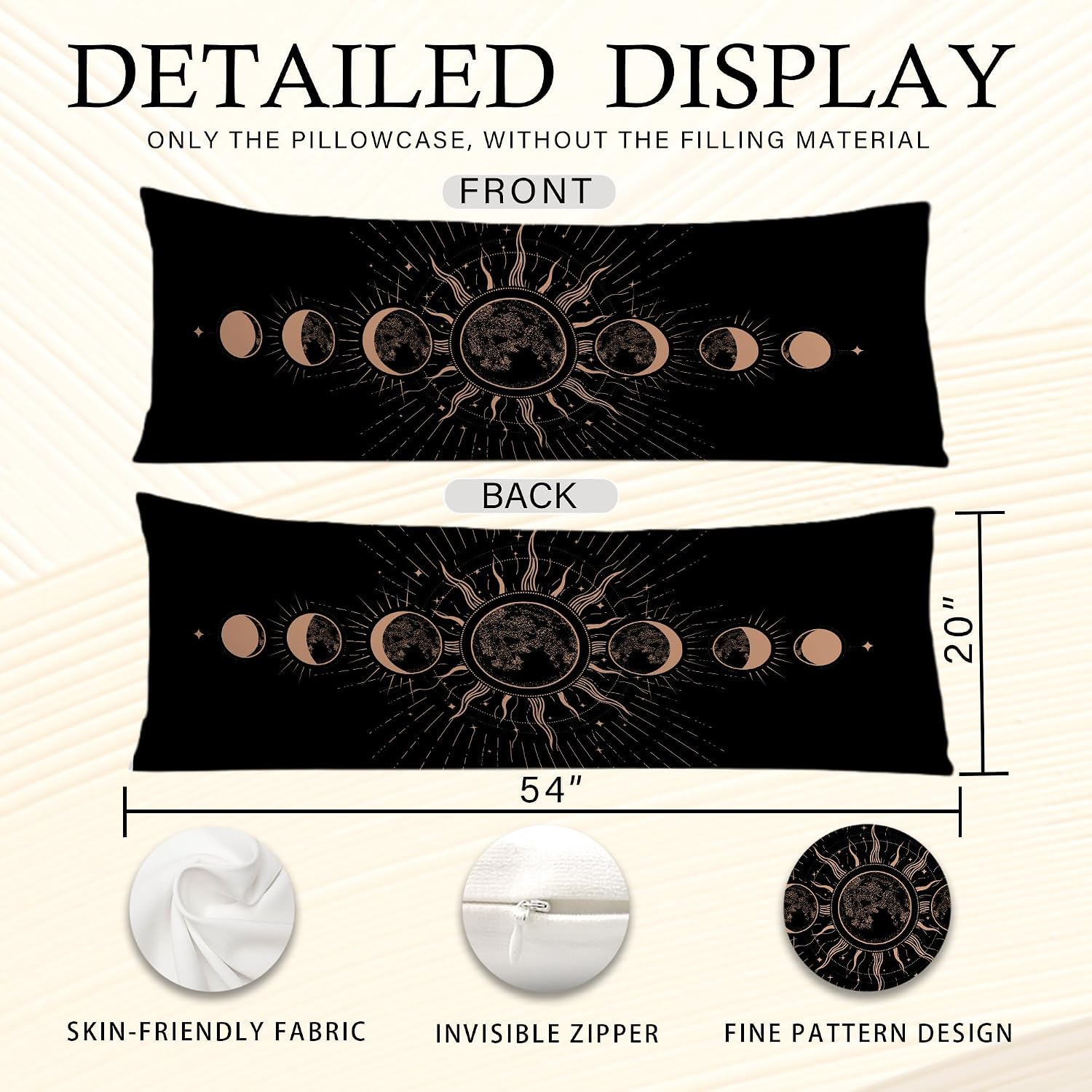 Mystical Boho Moon Phases Body Pillow Covers 20x54, Witchy Celestial Sun and Moon Astrology Long Body Pillow Case Cover with Hidden…