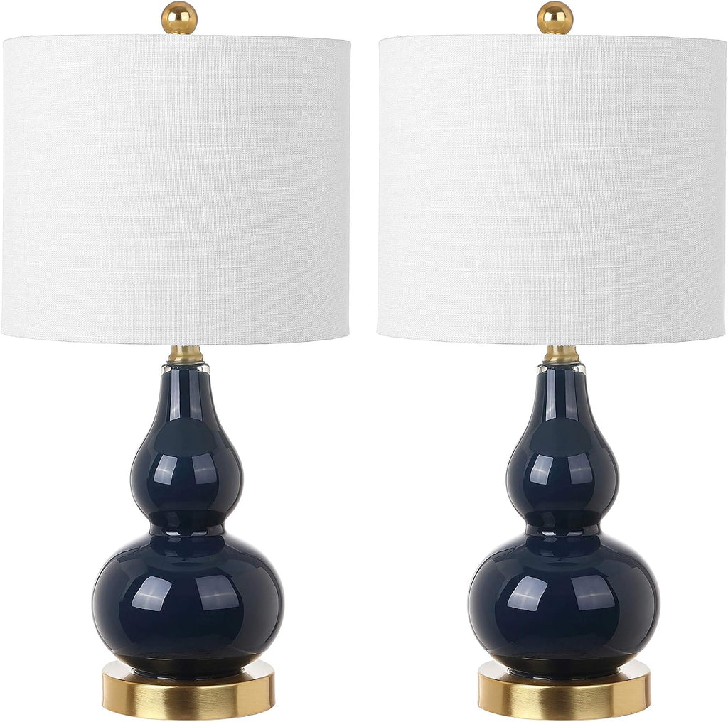 JONATHAN Y 20.5" Navy Glass Table Lamp, Modern Gourd Bedside Nightstand Lamp for Bedroom, Living Room, White Linen Shade, LED Bulb…