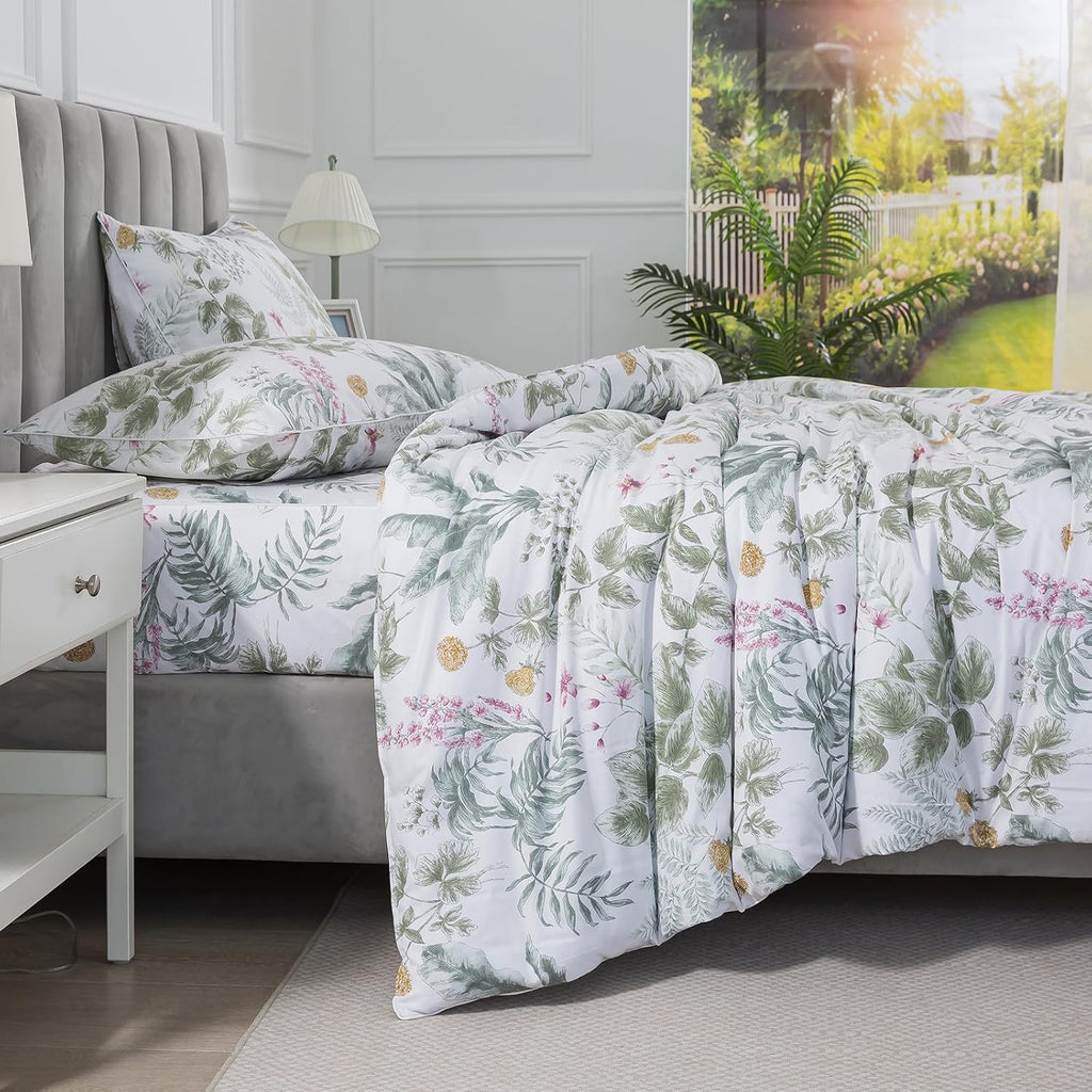 Puralens Tropical Pink Floral Percale Duvet Cover, King Green Palm Leaf Reversible Zipper Duvet Cover Set, Daisy Patterned 100% Cotton Soft…