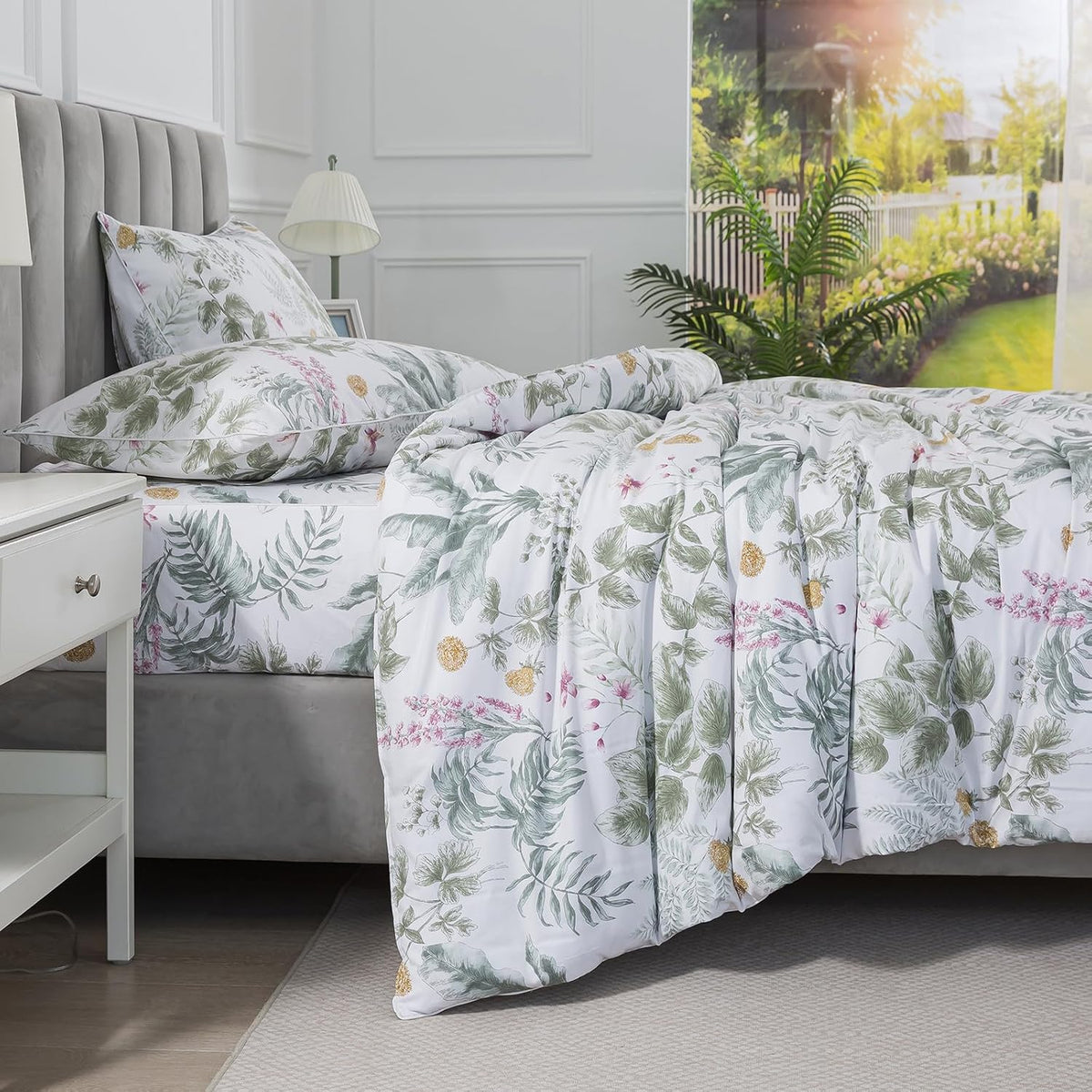 Puralens Tropical Pink Floral Percale Duvet Cover, Queen Green Palm Leaf Reversible Zipper Duvet Cover Set with Ties, Yellow Daisy 100% Cot…