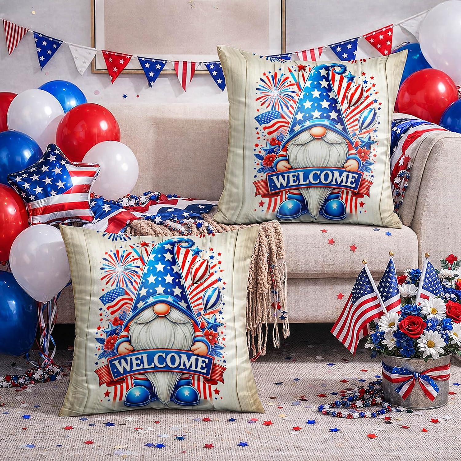 BlissYard 4th of July Pillow Covers 18x18 Set of 2 Patriotic Gnome Pillow Covers American Flag Throw Pillow Covers Independence Day…
