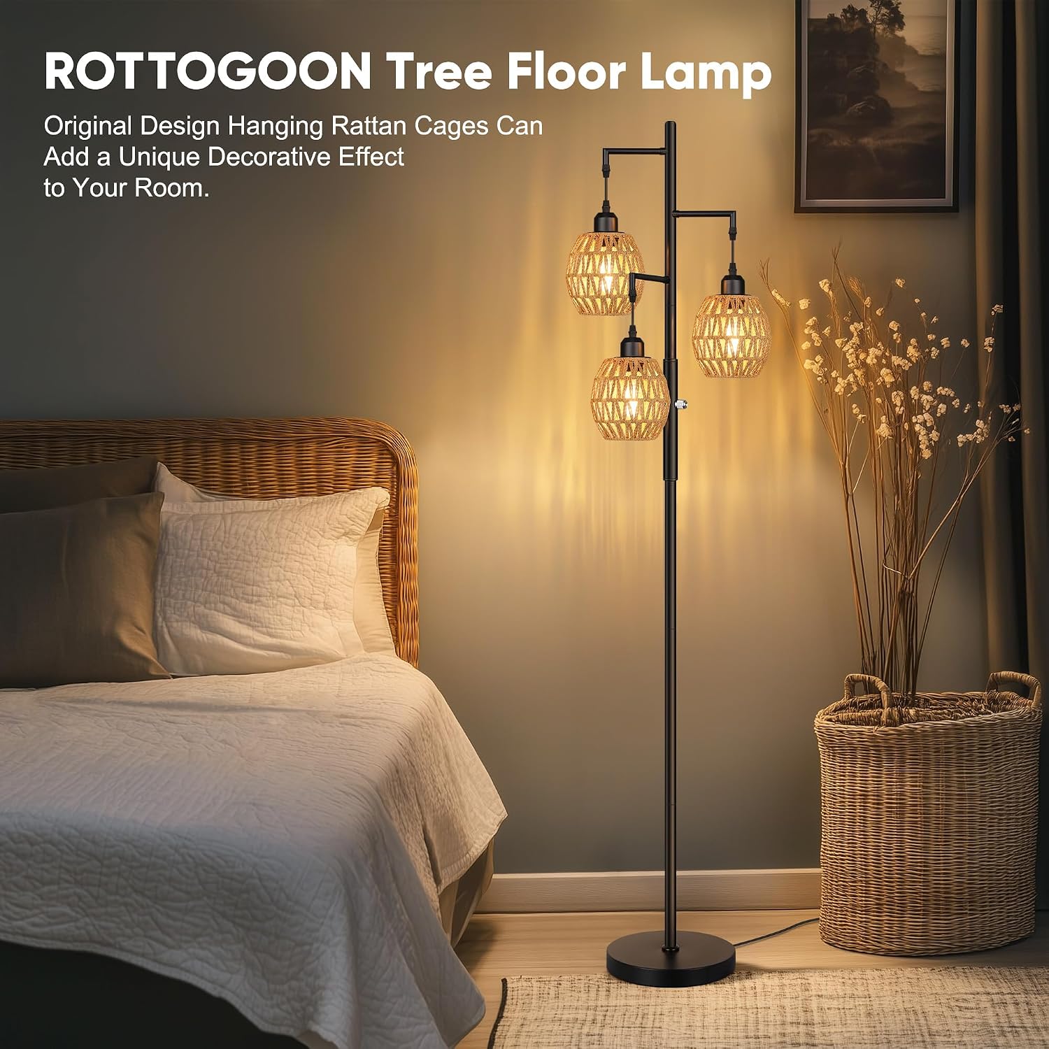 ROTTOGOON Dimmable Boho Floor Lamp - 3 Light Farmhouse Rattan Floor Lamps for Living Room, Tree Floor Lamps with Bohemian lampshades…
