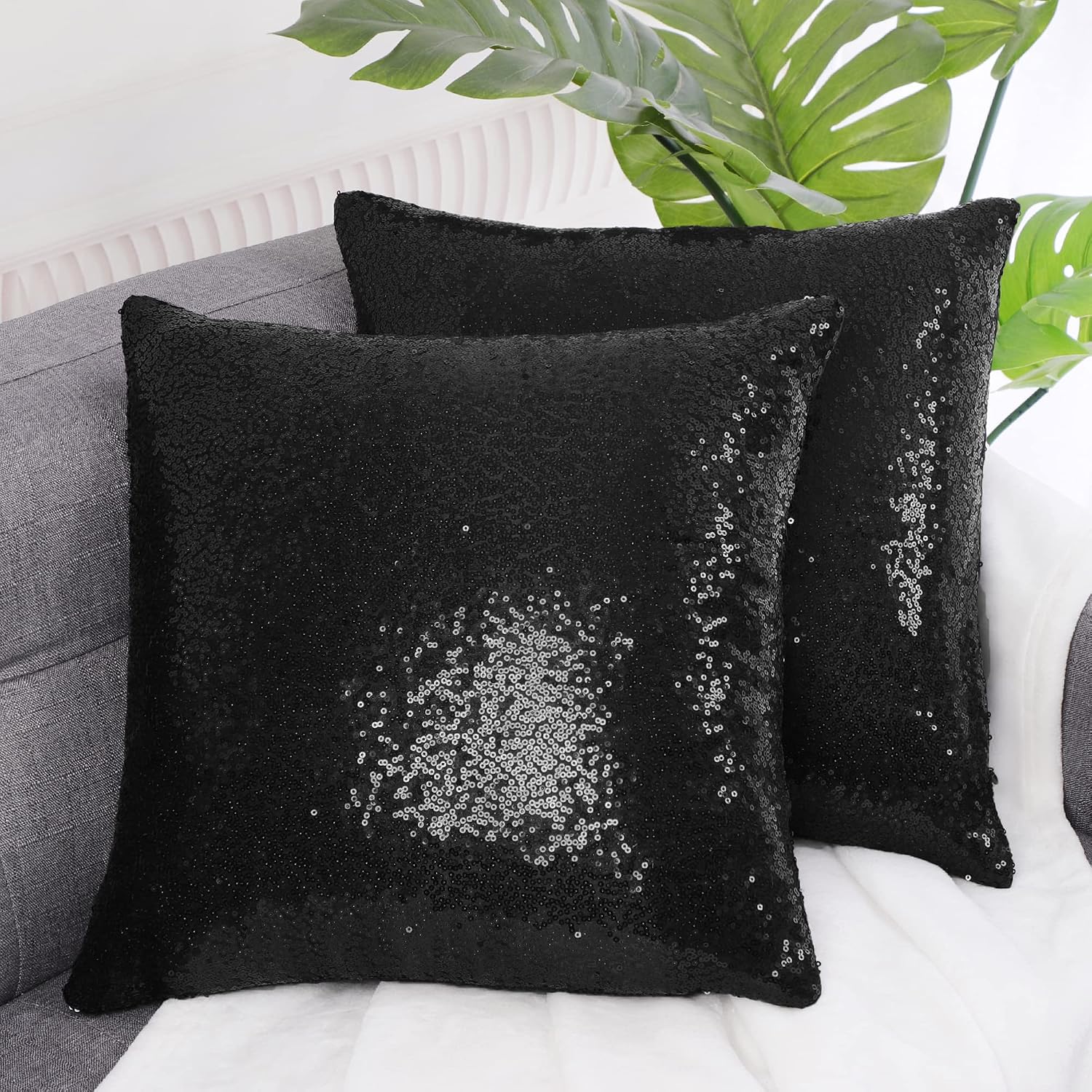 uxcell 2 Pcs Black Sequin Throw Pillow Covers, Shiny Sparkling Comfy Satin Sequin Cushion Covers, Decorative Pillowcases for…