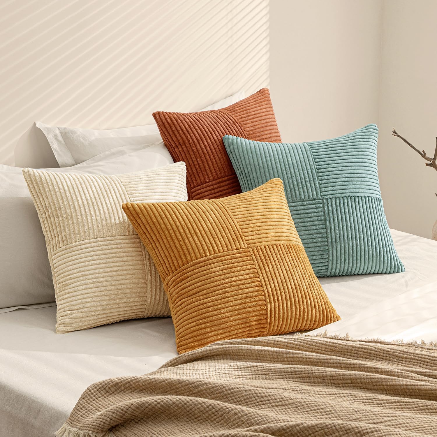 Miulee Boho Farmhouse Decorative Throw Pillow Covers 18x18 Inch 4 Packs Soft Vintage Pillow Cases Modern Corduroy Patchwork Cushion Covers…