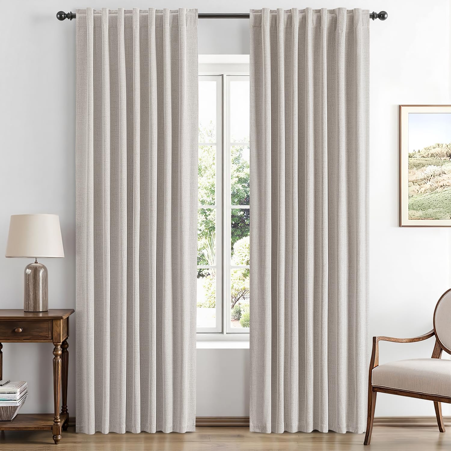 Miulee 90 Inch Long 100% Blackout Linen Curtains for Bedroom, Ivory Solid Luxury Decor Thermal Insulation Room Darkening Drapes for Living…