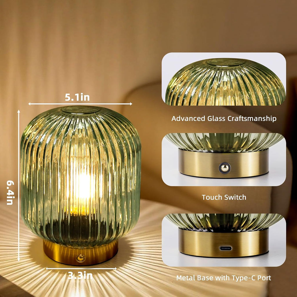 MJ PREMIER Rechargeable Table Lamp, Green Glass Lamp with Memory Function, Small Cordless LED Lamp with Dimmable Brightness, Decorative…