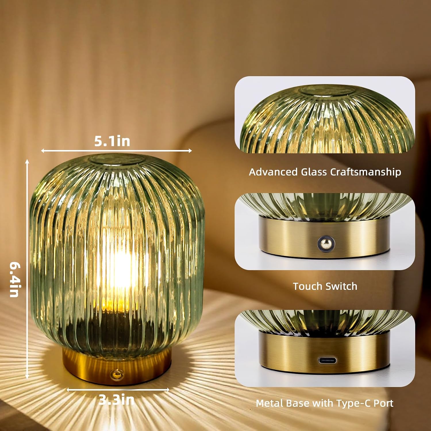 MJ PREMIER Rechargeable Table Lamp, Green Glass Lamp with Memory Function, Small Cordless LED Lamp with Dimmable Brightness, Decorative…
