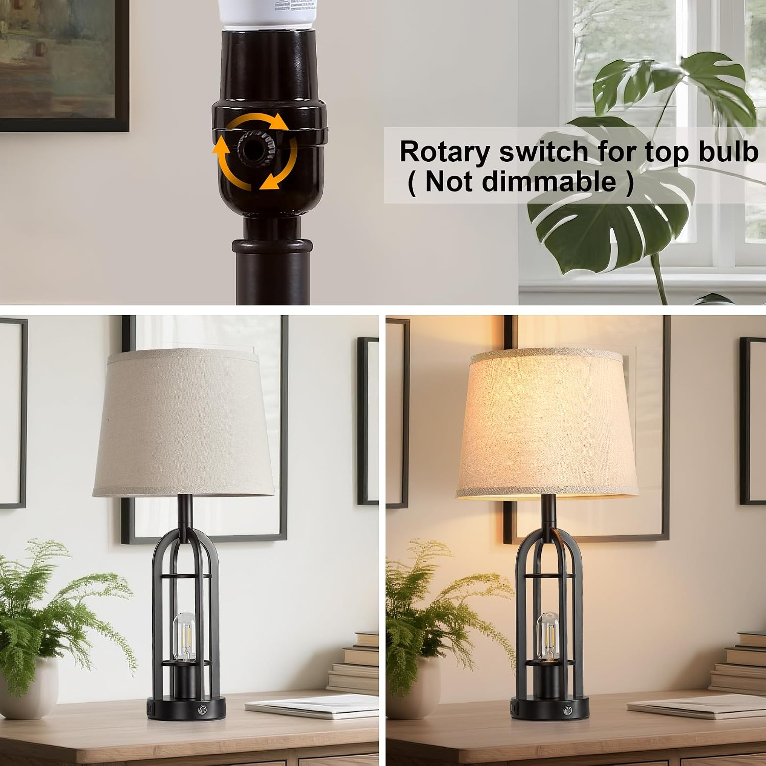 SRJJA 24" Table Lamps for Living Room Set of 2, Farmhouse Industrial 3-Way Dimmable Touch Bedside Lamps with USB A+C for Bedroom…