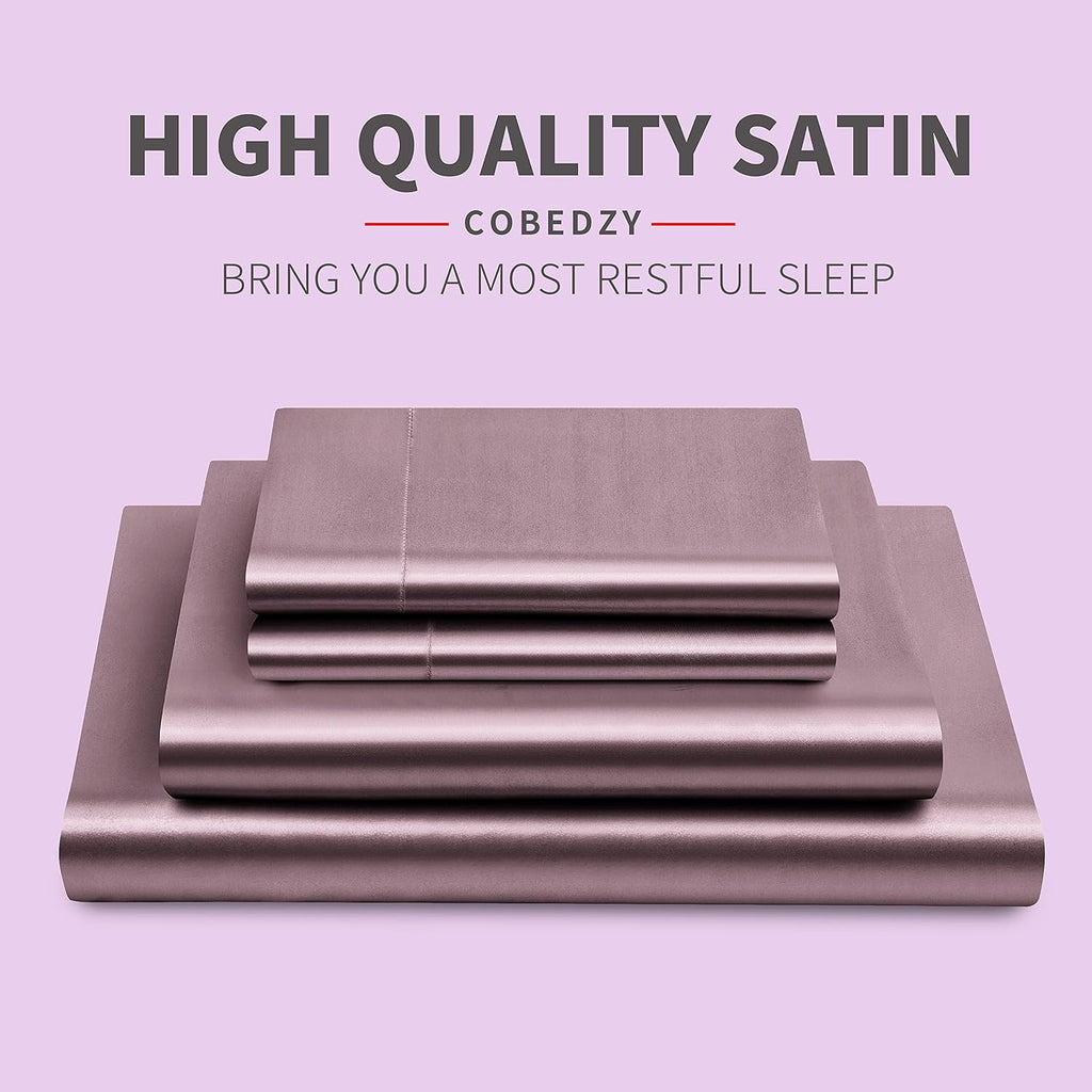 Cobedzy Satin Sheets Queen Size, 4 Pcs Silky Soft Satin Bed Sheets Queen Set with Deep Pockets, Extra Smooth & Luxurious Microfiber Sheet f…